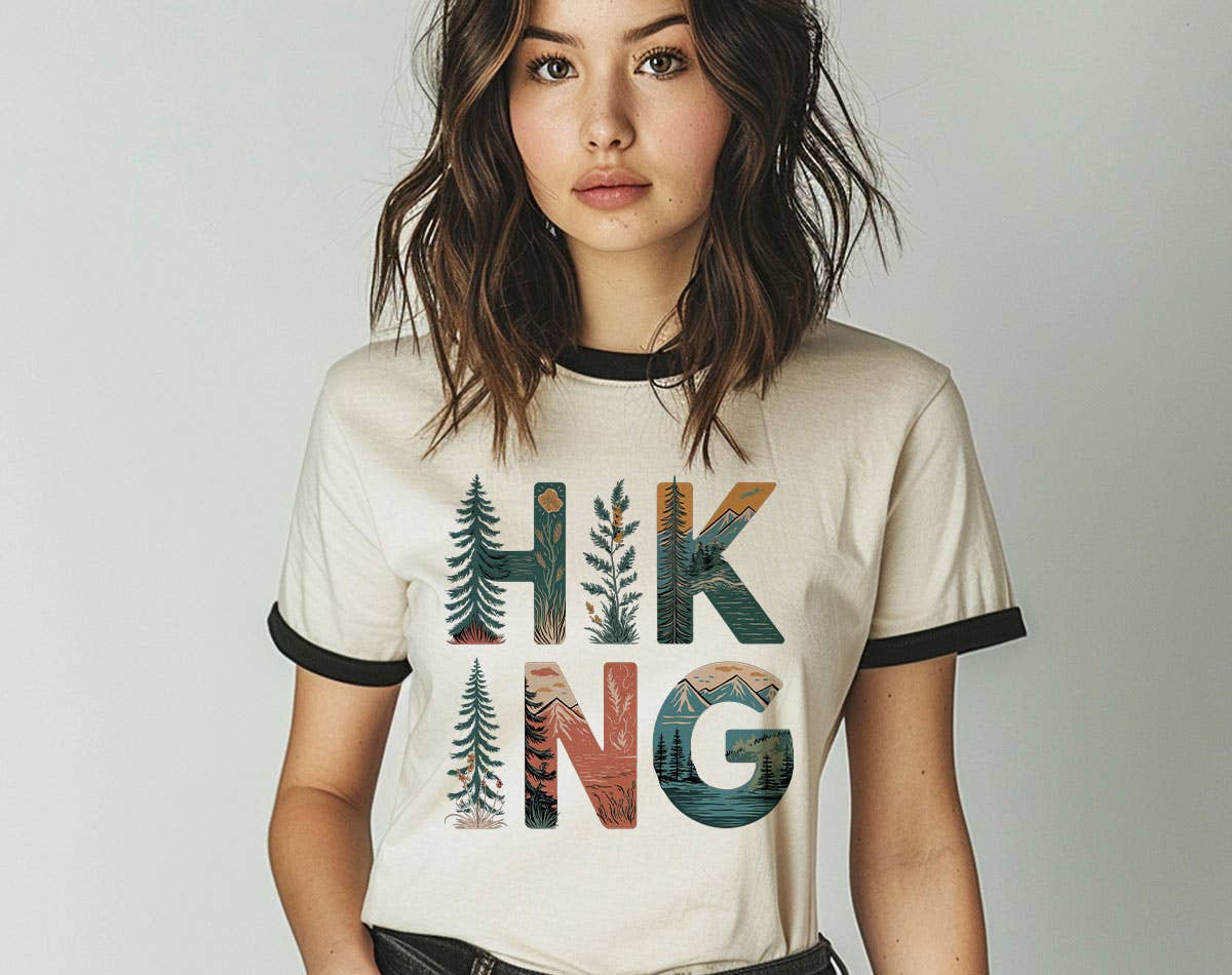 Hiking Tree Nature Drawing - Mountain Outdoors Ringer Shirt Hoodie, Sweatshirt | PodTeesHub.com