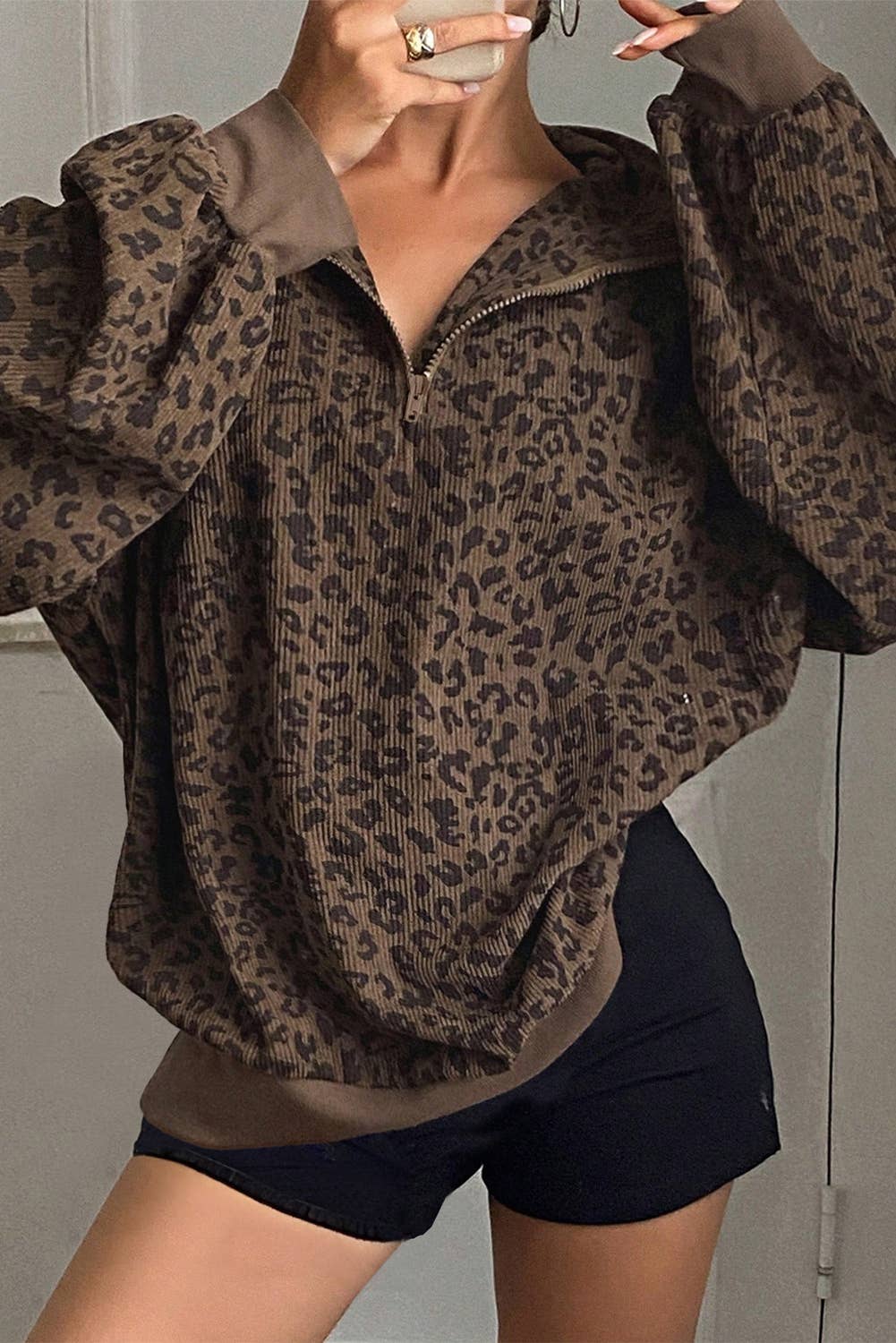 Western Apparel Leopard Quarter Zip Corduroy Sweatshirt T-Shirts, Hoodie | PodTeesHub.com