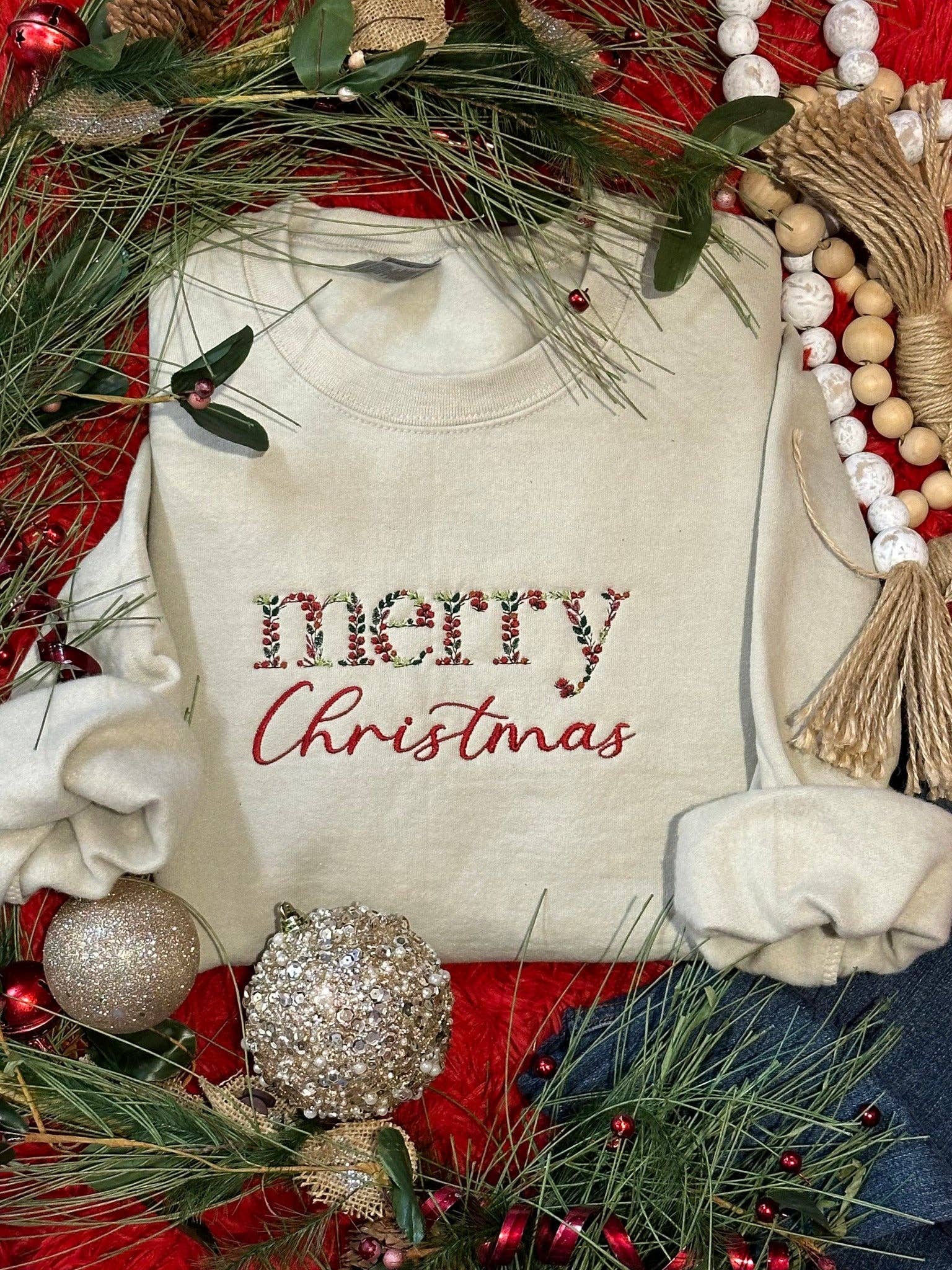 Embroidered Merry Christmas Long Sleeve/Sweatshirt T-Shirts, Hoodie | PodTeesHub.com