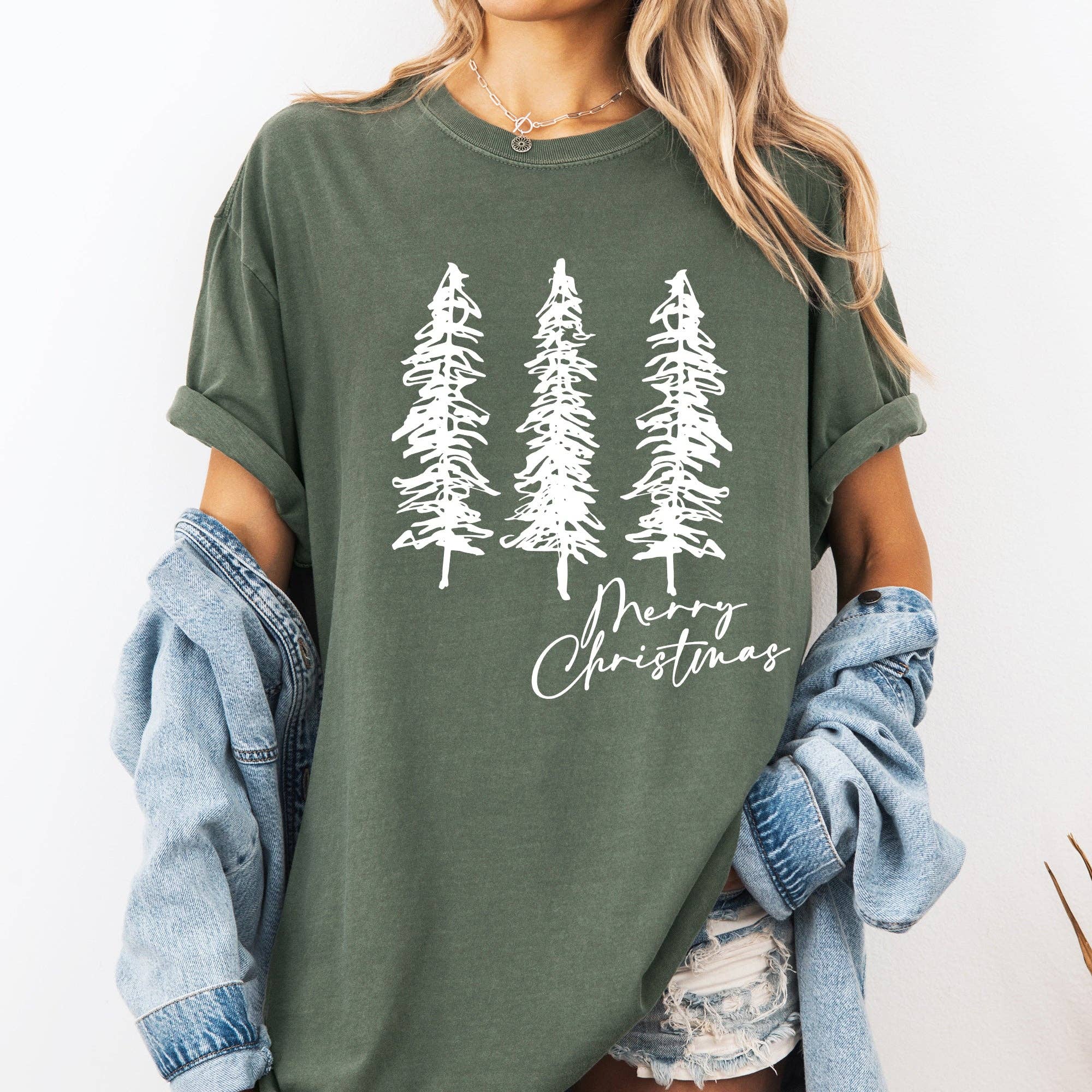 Merry Christmas, Sketched Pine Trees, Minimalist Xmas Tshirt Hoodie, Sweatshirt | PodTeesHub.com