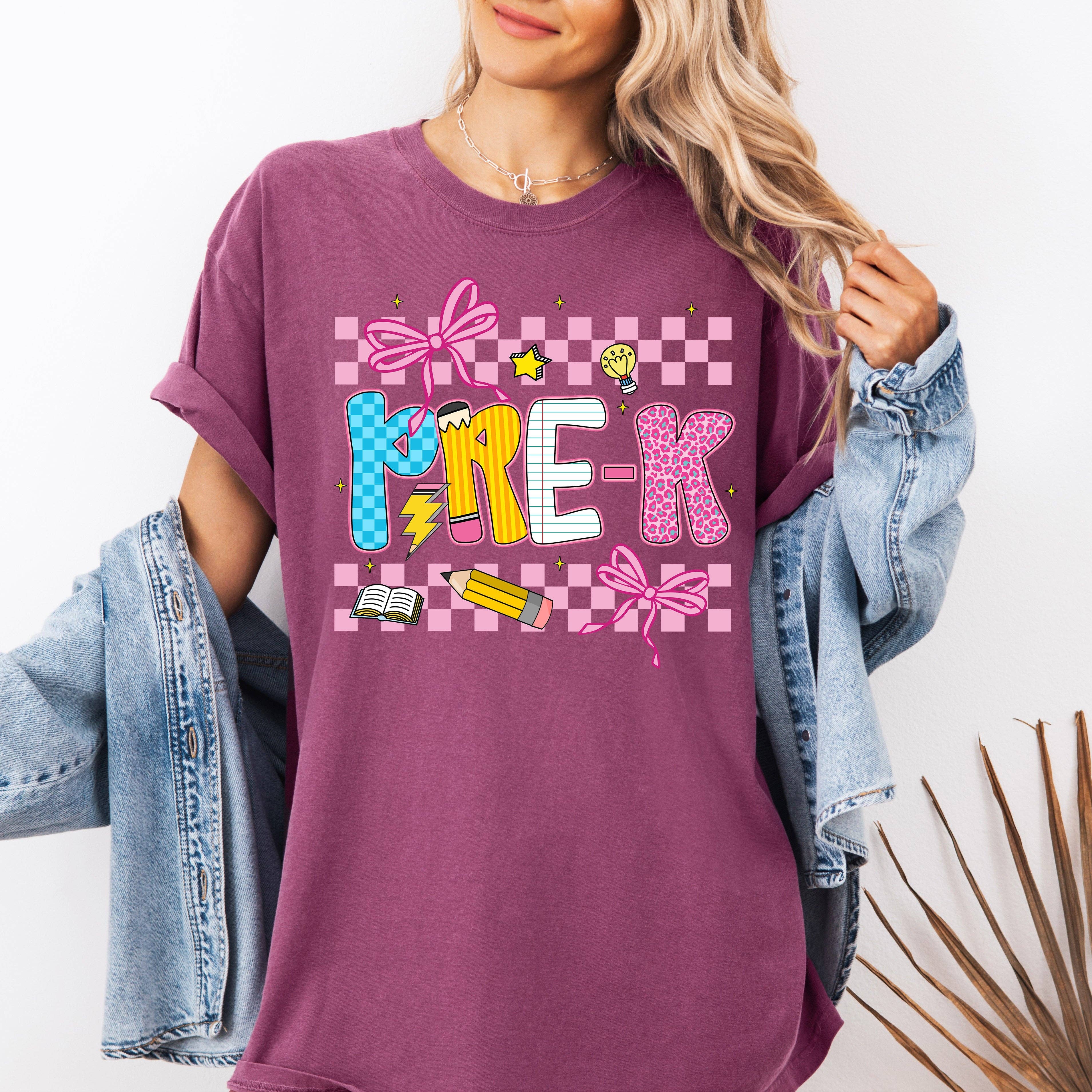 Pre-K, Teacher, Back To School, Checkered, Bow, T-Shirt Hoodie, Sweatshirt | PodTeesHub.com