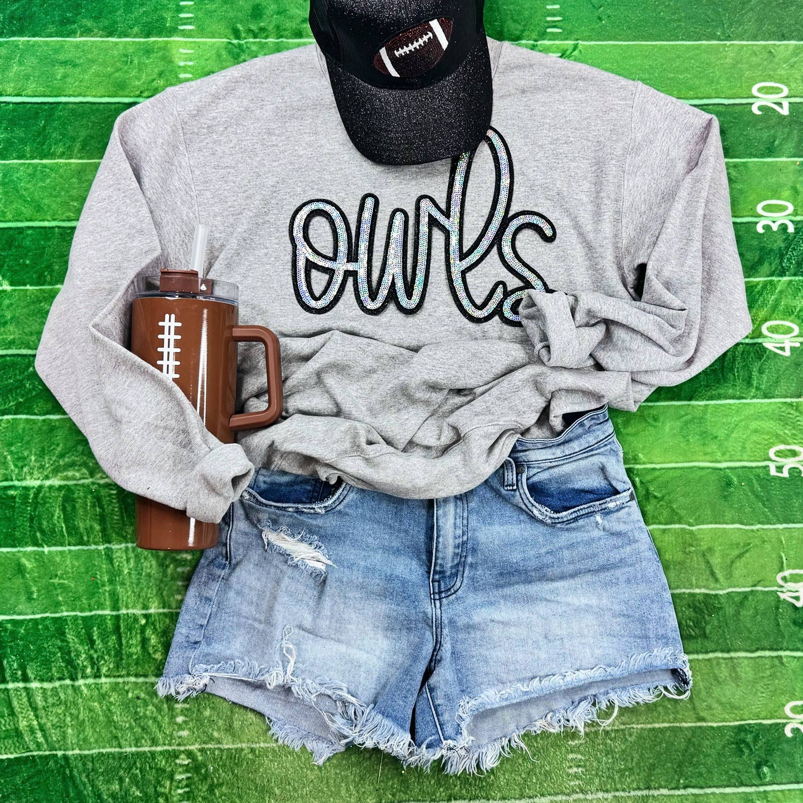 Owls Sequin Patch Sport Grey Crewneck Sweatshirt T-Shirts, Hoodie | PodTeesHub.com