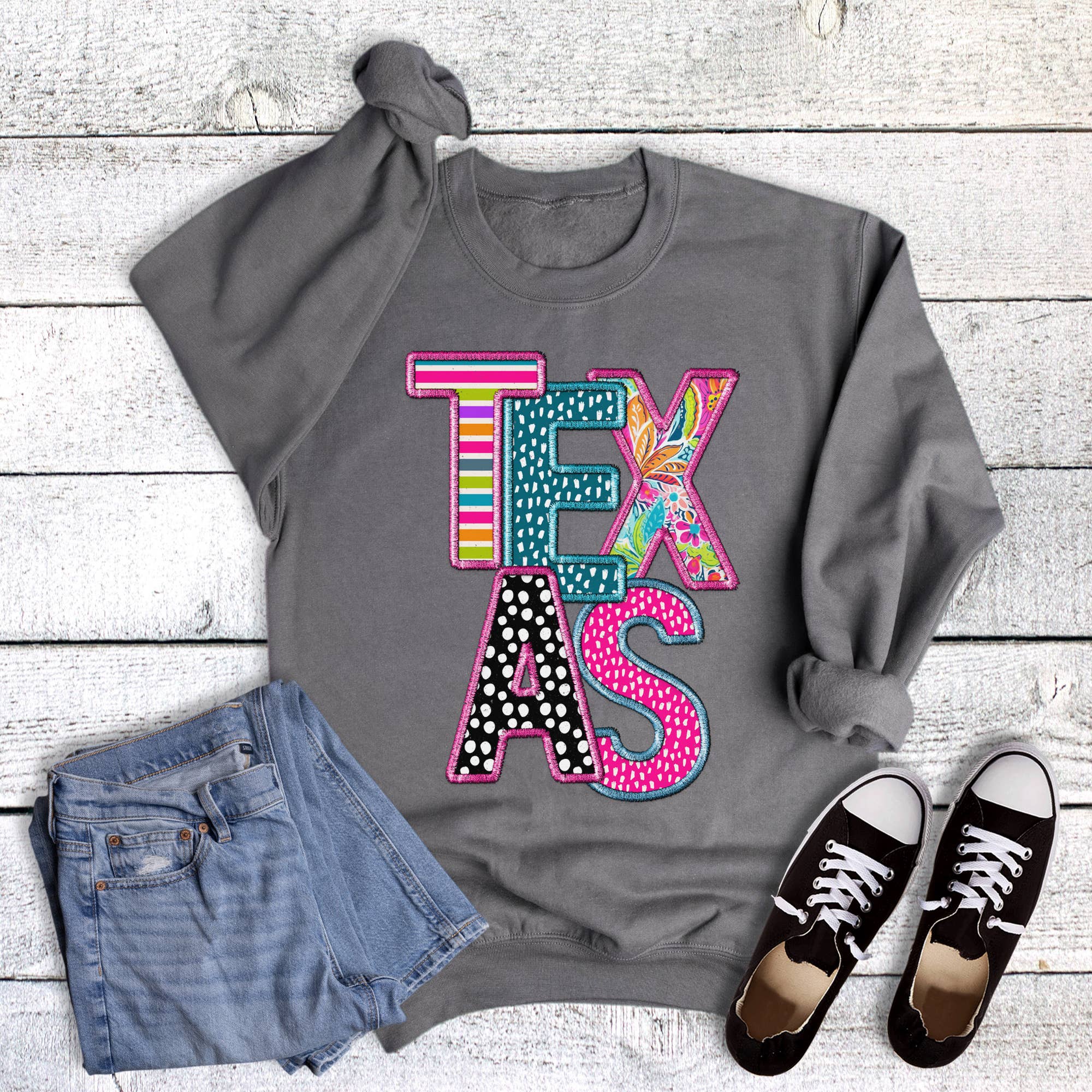 Texas Faux Applique Sweatshirt T-Shirts, Hoodie | PodTeesHub.com