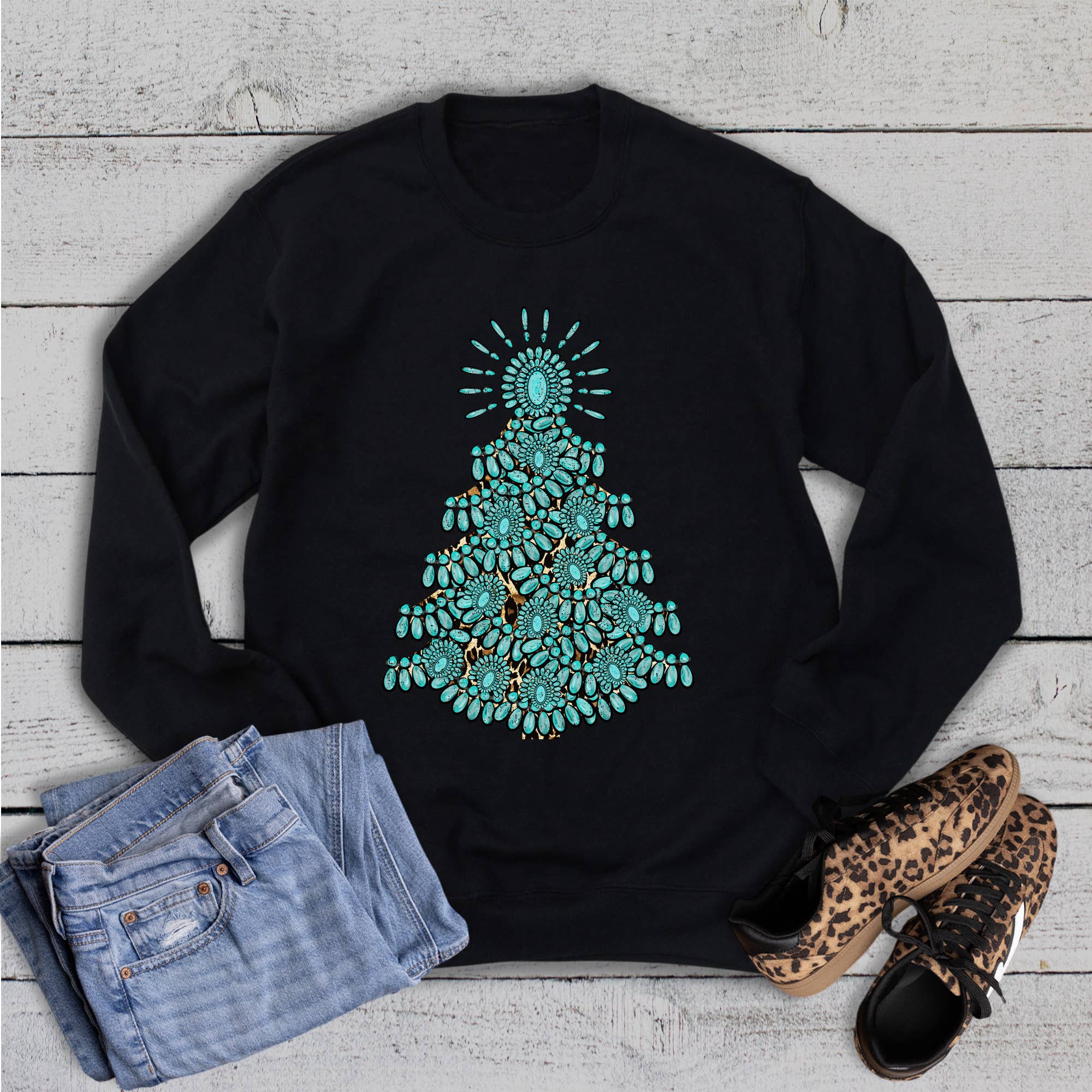 Christmas Western Turquoise Tree with Cheetah Sweatshirt T-Shirts, Hoodie | PodTeesHub.com