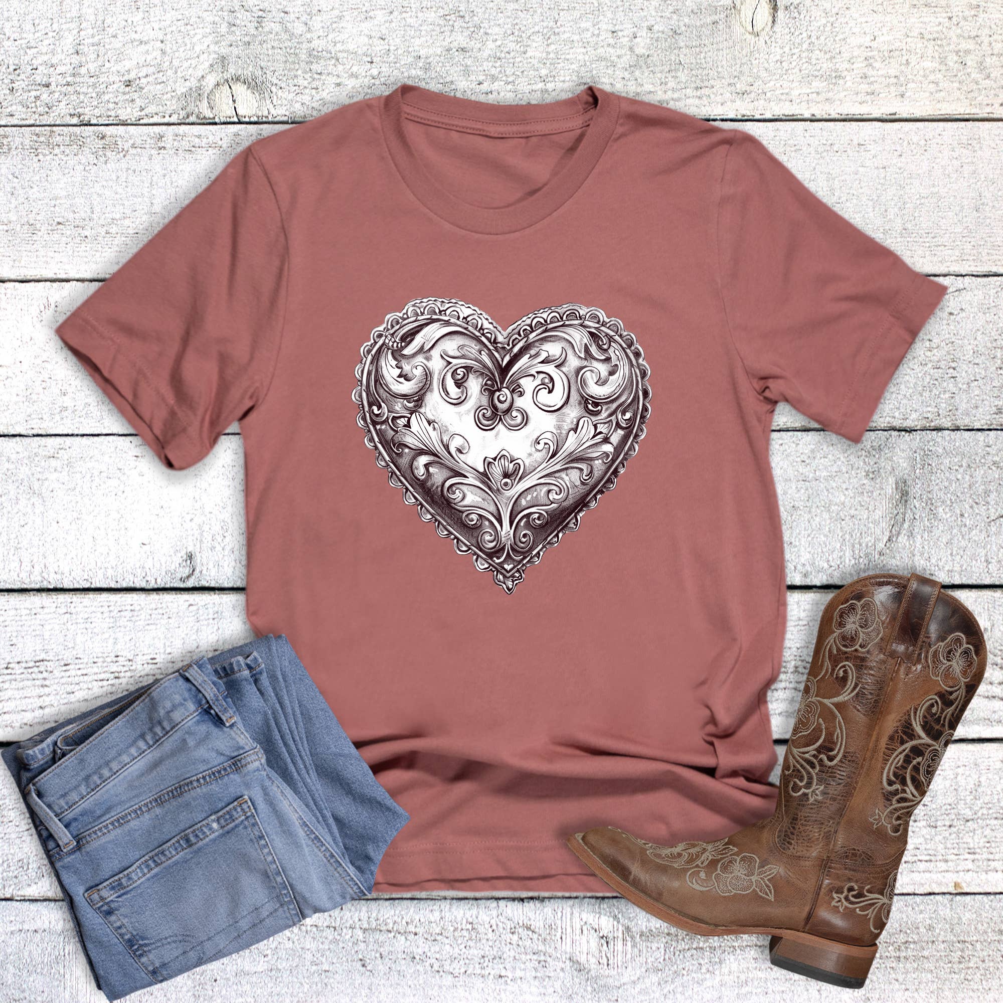 Valentine Western Silver Concho Heart Graphic Tee Hoodie, Sweatshirt | PodTeesHub.com