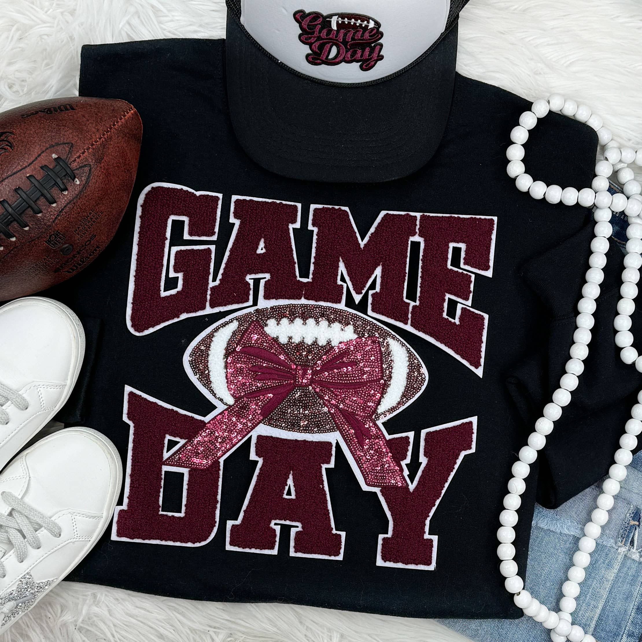 Maroon Chenille Football Game Day with Sequin Bow Patch Black Crewneck Sweatshirt T-Shirts, Hoodie | PodTeesHub.com