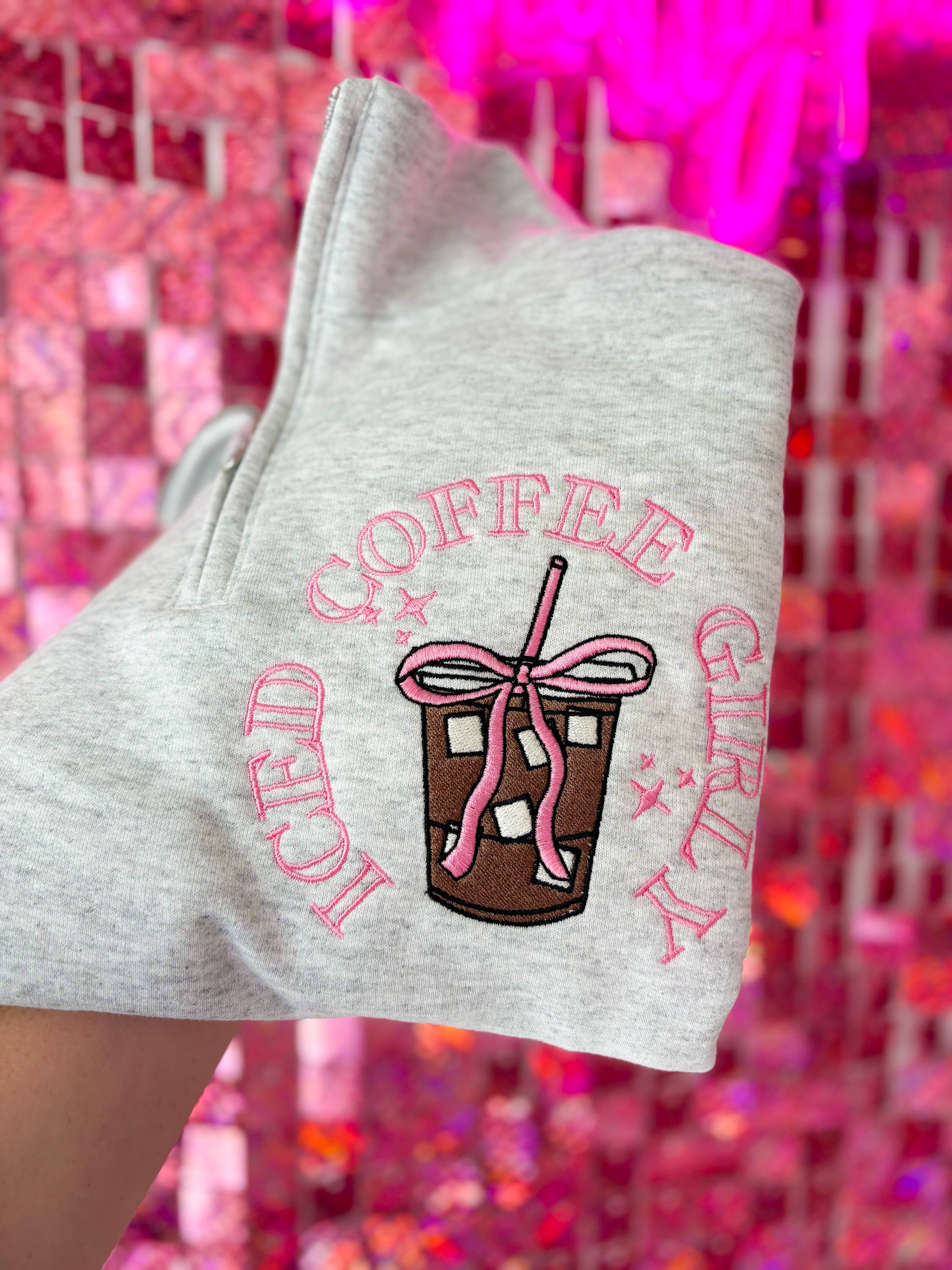 Iced Coffee Girly Embroidered Quarter Zip Sweatshirt – Cozy T-Shirts, Hoodie | PodTeesHub.com