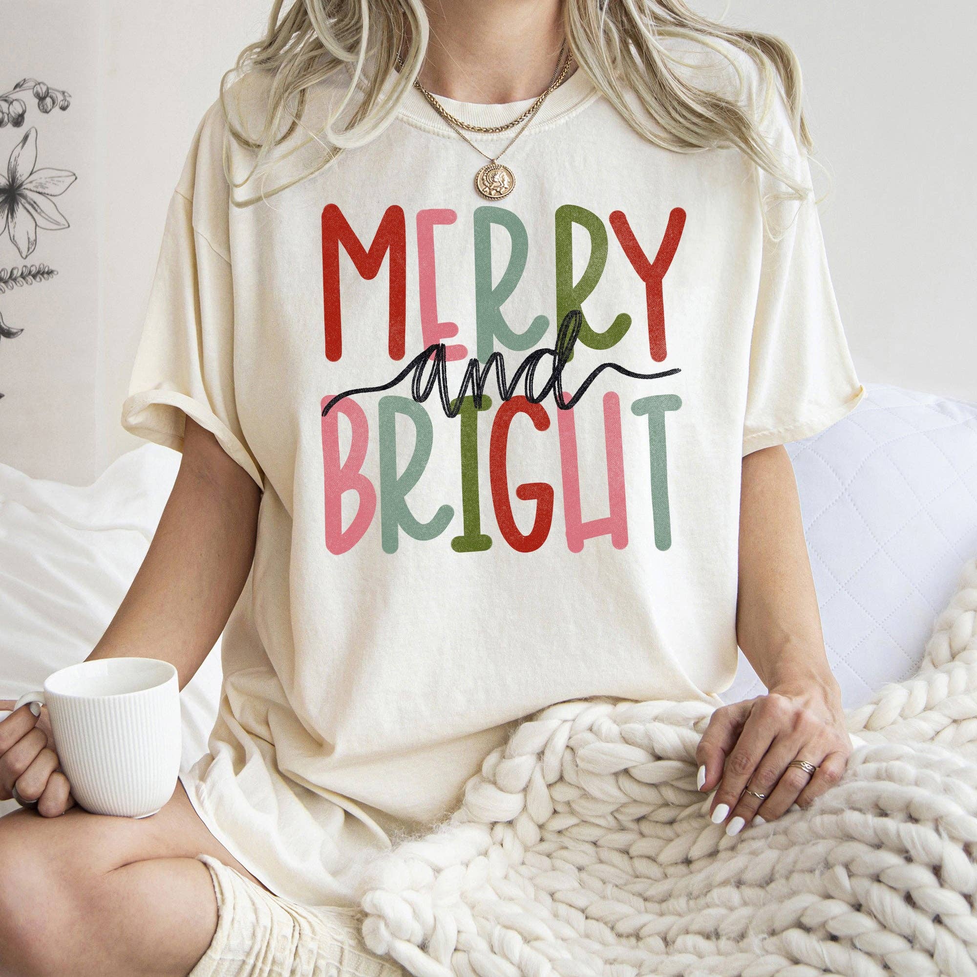 Merry and Bright Retro Text, Christmas,, Tshirt Hoodie, Sweatshirt | PodTeesHub.com