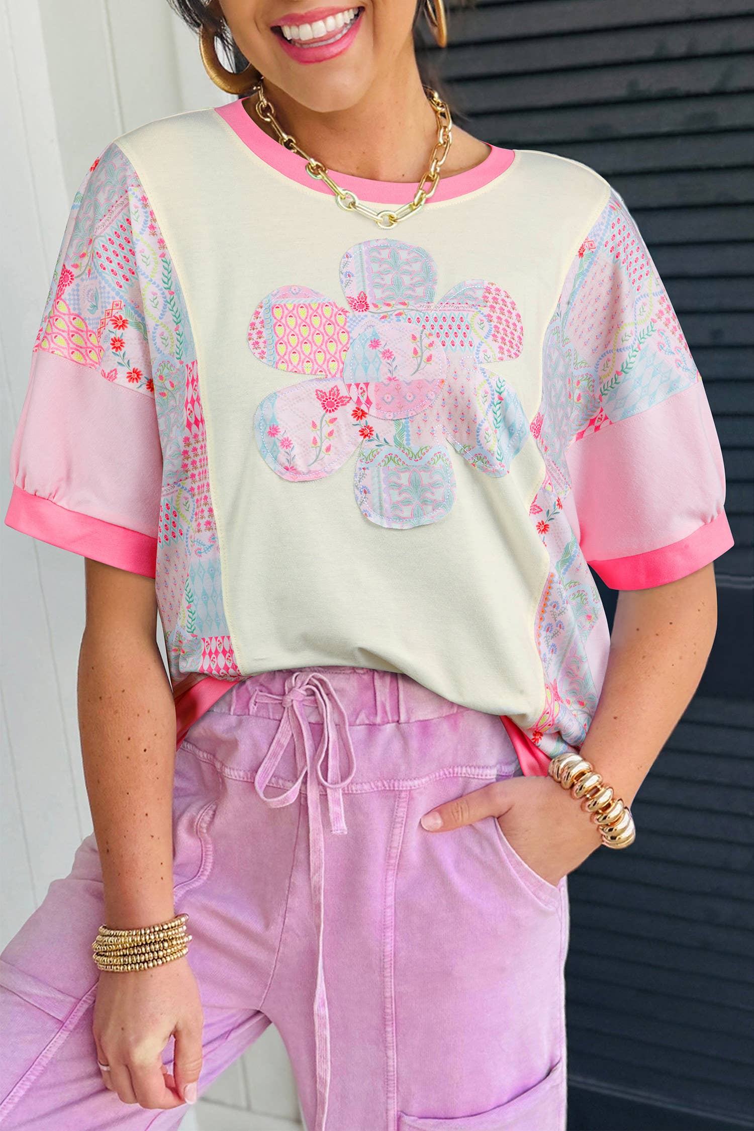 Plus Size Boho Patchwork Flower Power Round Neck Tee (S-4X) Hoodie, Sweatshirt | PodTeesHub.com