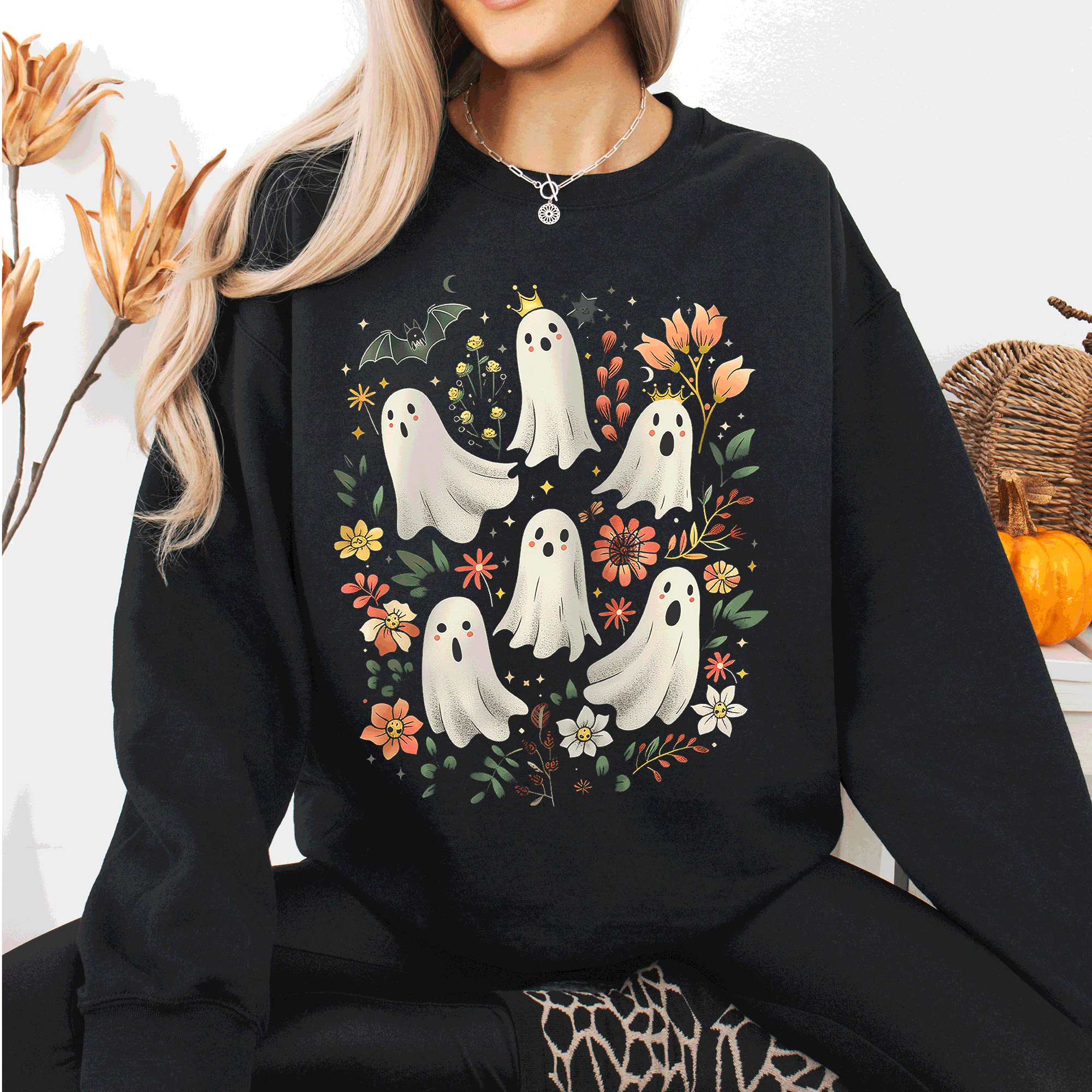 Floral Ghosts, Beautiful Halloween Autumn, Fall Sweatshirt T-Shirts, Hoodie | PodTeesHub.com