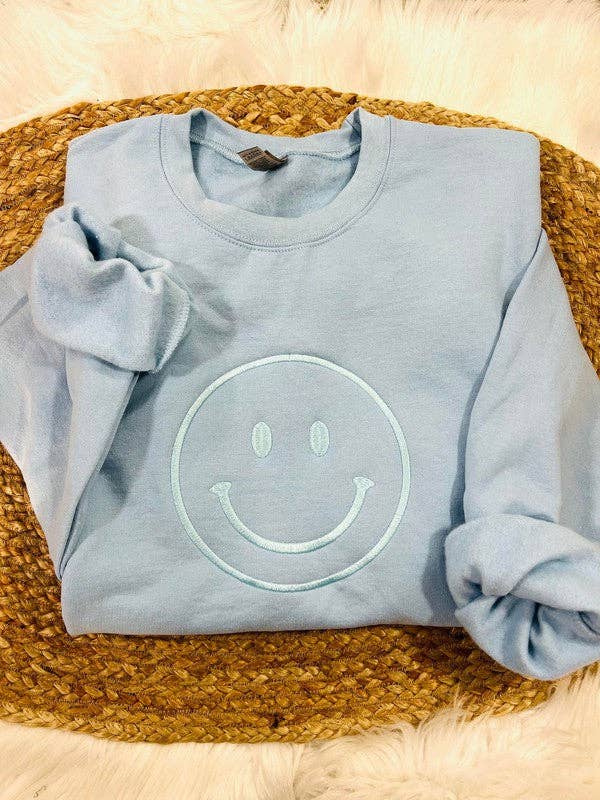 Happy Face Embroidered Sweatshirt - Light Blue Color T-Shirts, Hoodie | PodTeesHub.com