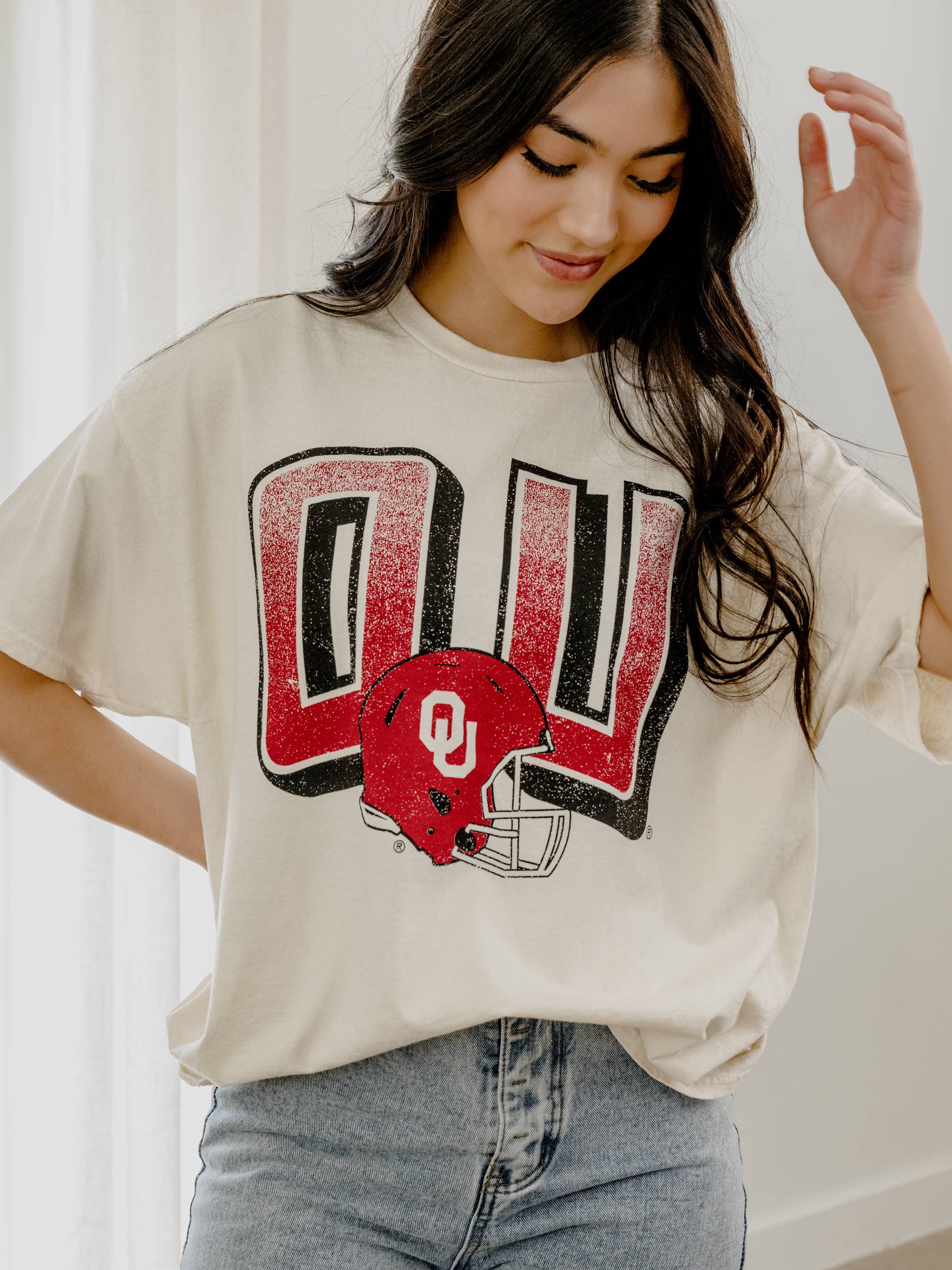 Ou Sooners Helmet Fade Off White Thrifted Tee Hoodie, Sweatshirt | PodTeesHub.com