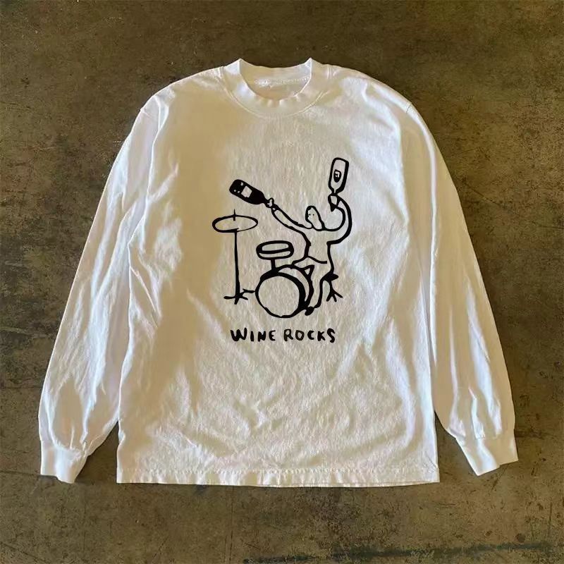 Vintage White Retro Rock Print Long Sleeved T-Shirts, Hoodie, Sweatshirt