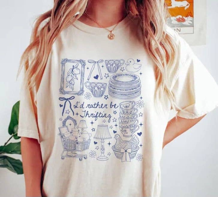 New Rather Be Thrifting Ivory Collage Comfort C Graphic Tee Hoodie, Sweatshirt | PodTeesHub.com