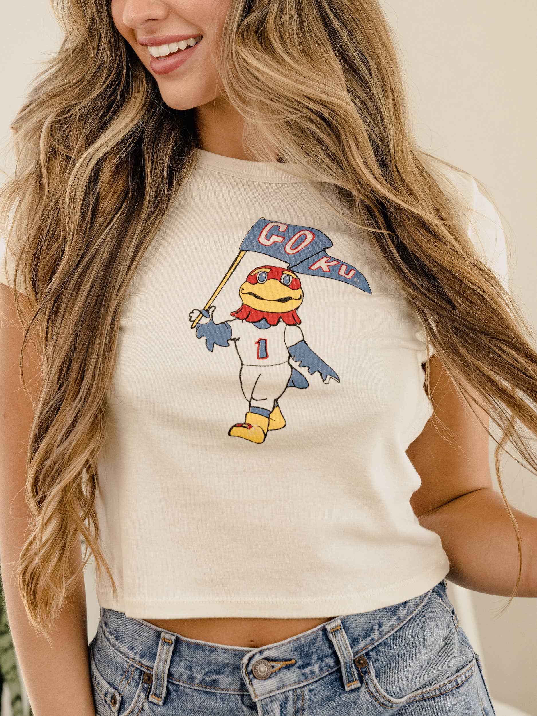 Ku Jayhawks Mascot Flag Off White Micro Cropped Tee Hoodie, Sweatshirt | PodTeesHub.com