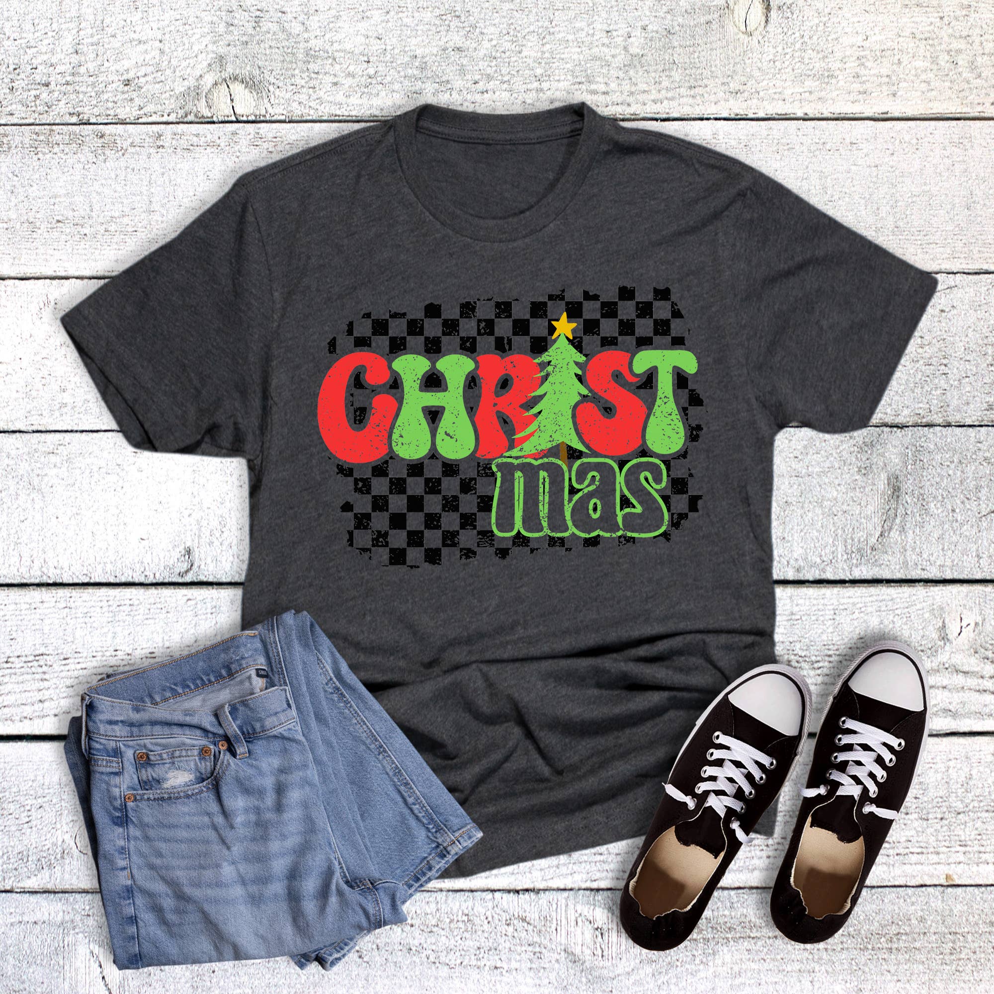Retro Checkered Christ Mas Graphic Tee Hoodie, Sweatshirt | PodTeesHub.com