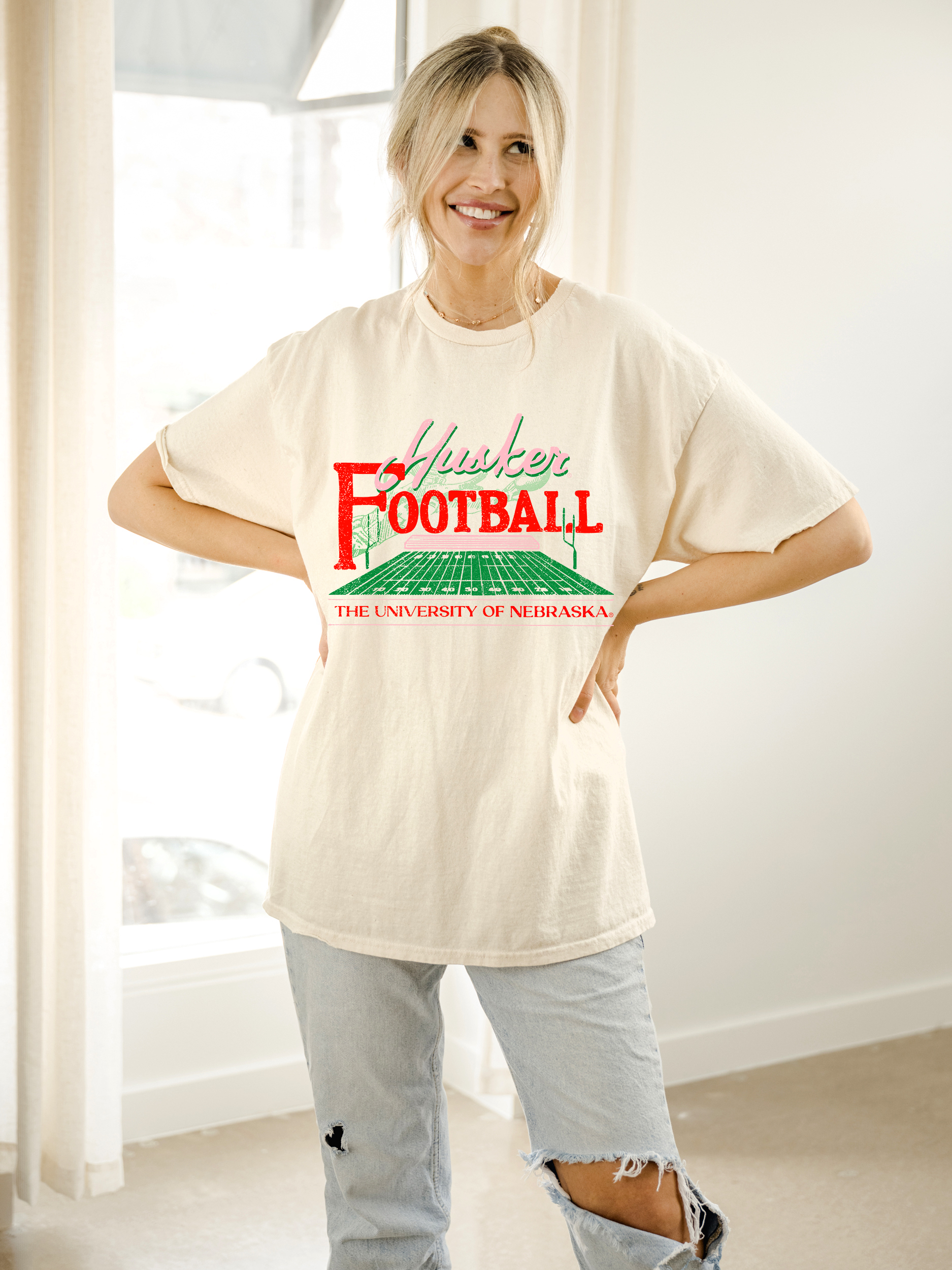 Nebraska Huskers Football Field Off White Thrifted Tee Hoodie, Sweatshirt | PodTeesHub.com