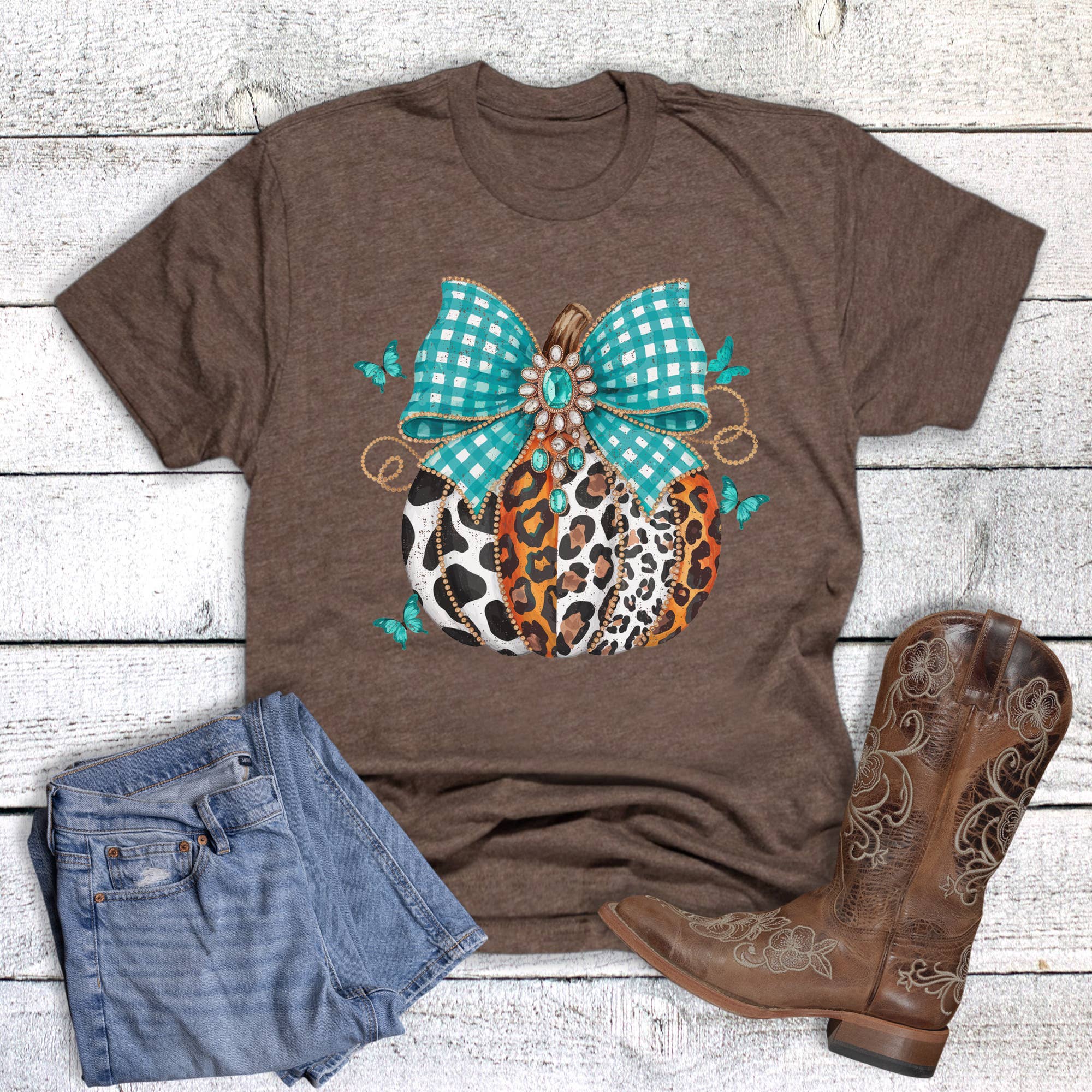 Western Fall Turquoise Bow Pumpkin Graphic Tee Hoodie, Sweatshirt | PodTeesHub.com