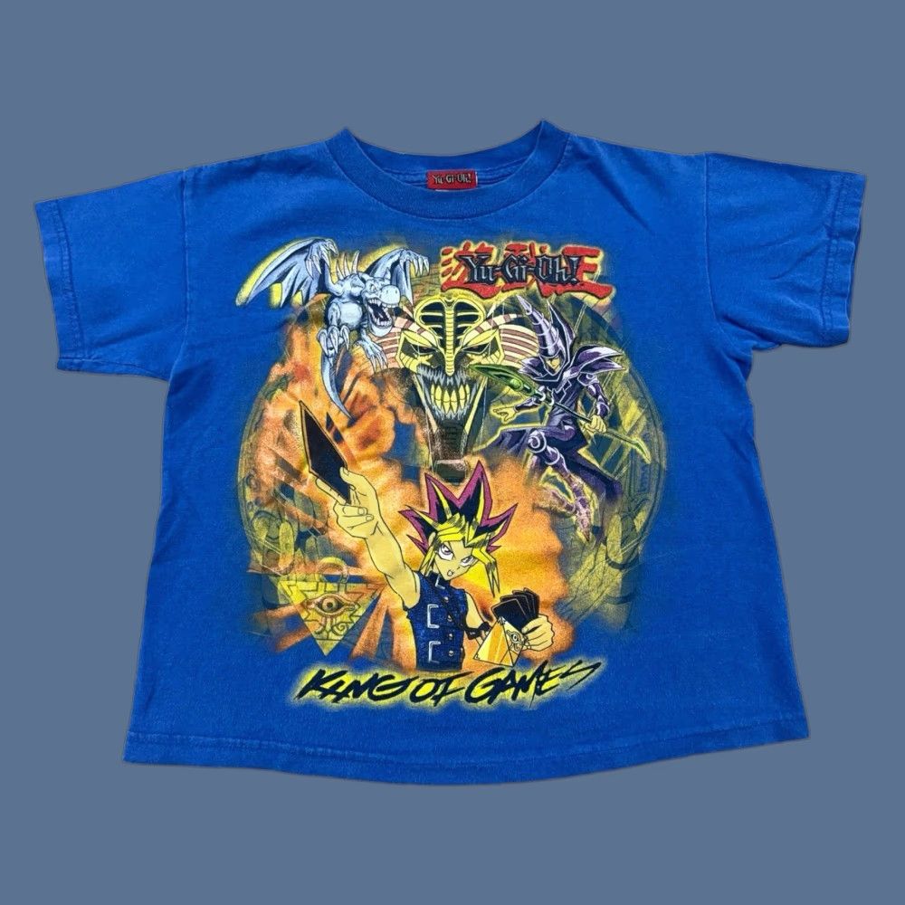 Vintage Yu Gi Oh T Shirt Boys L Blue Kid Youth 90s Logo Graphic Print Crew Neck Short Sleeve Hoodie, Sweatshirt
