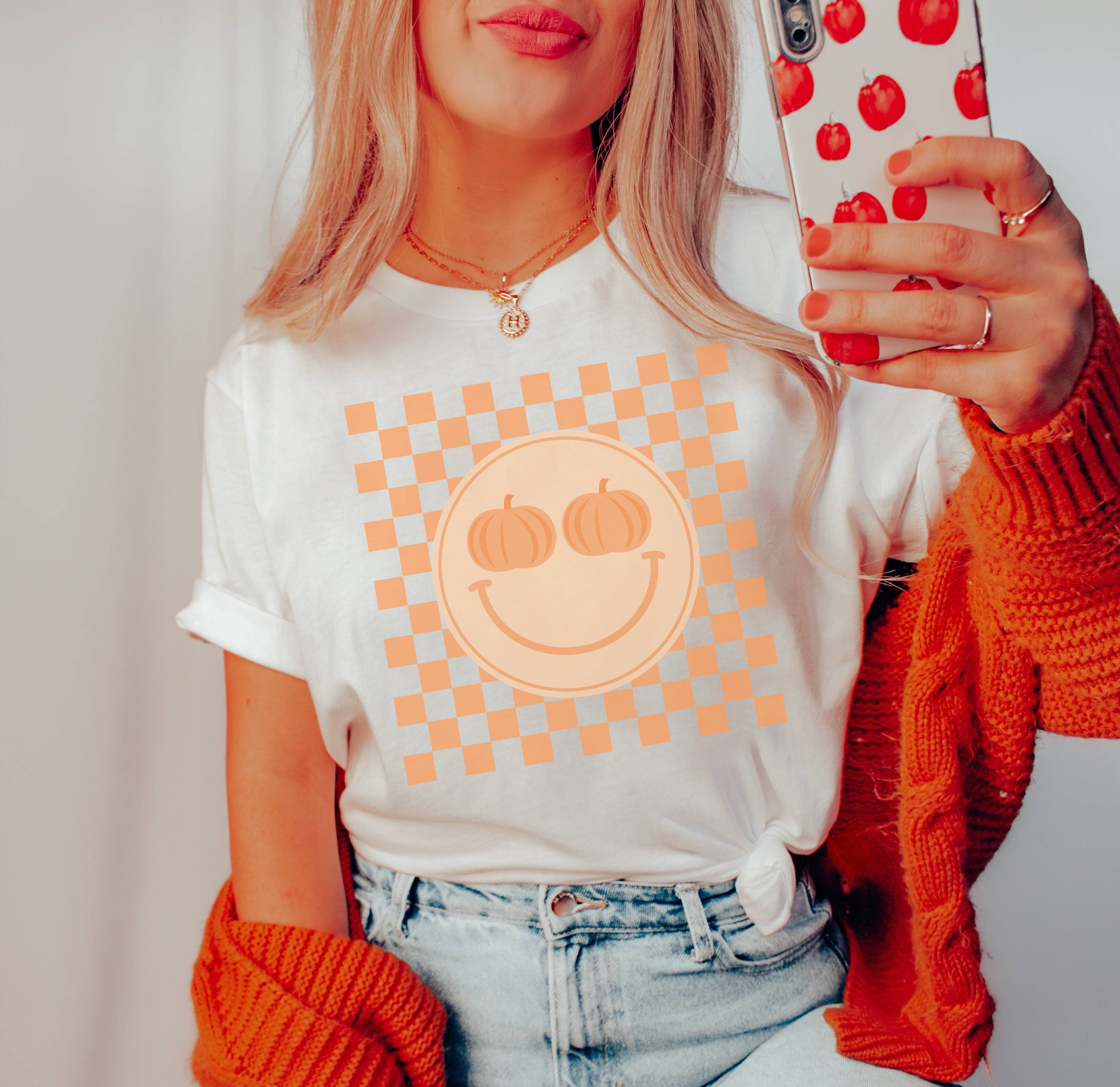 Pumpkin Happy Face Grid Tee | Fall Pumpkin Shirt Graphic Tee Hoodie, Sweatshirt | PodTeesHub.com