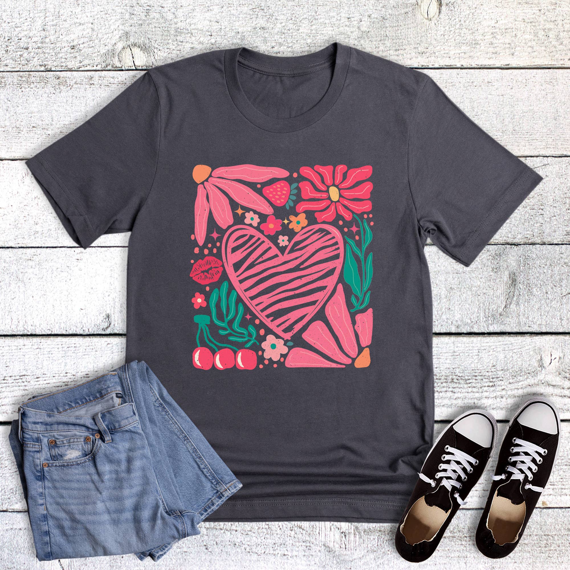 Valentine Boho Heart Cherries Graphic Tee Hoodie, Sweatshirt | PodTeesHub.com