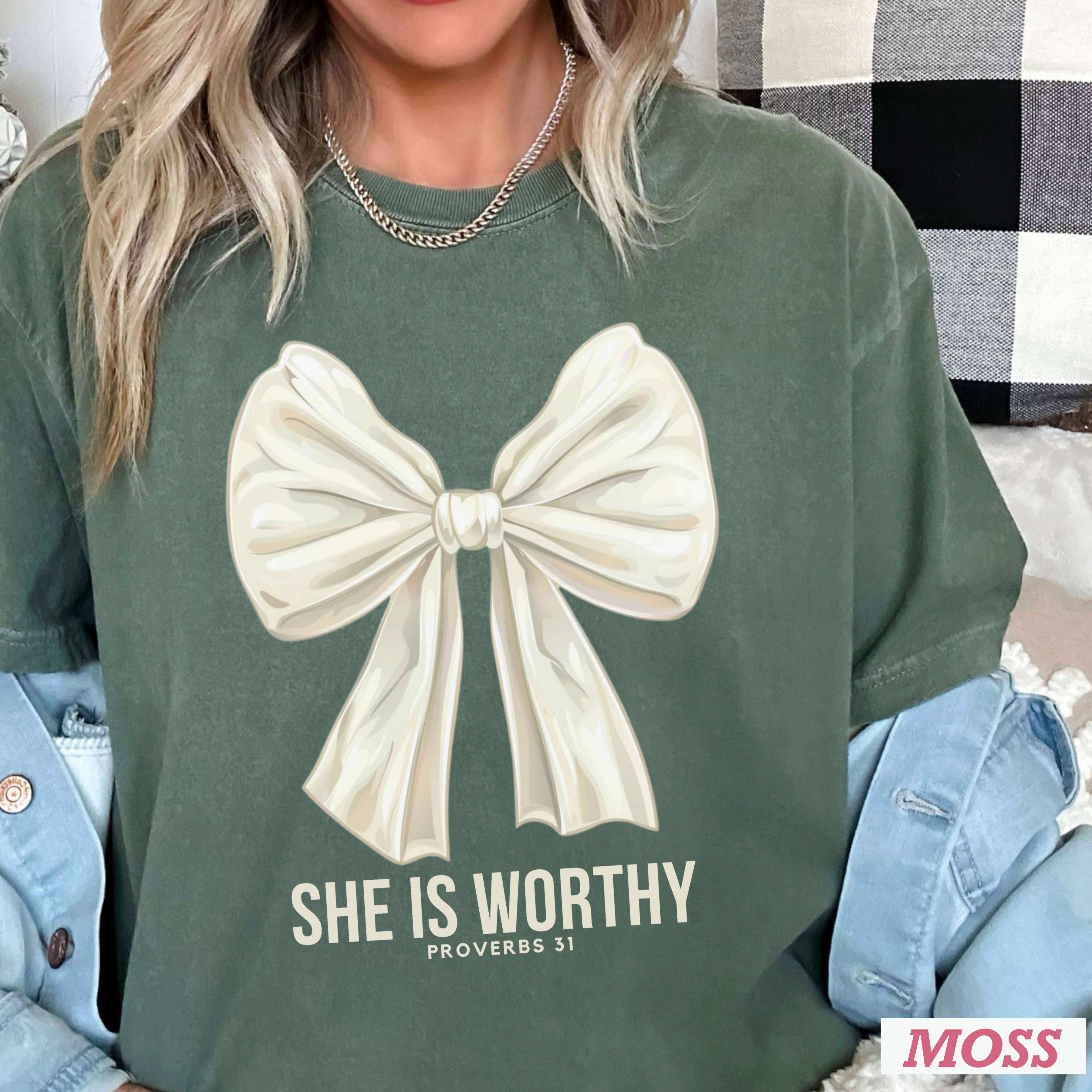 She Is Worthy Graphic Tee | Christian Apparel |Comfort Color Hoodie, Sweatshirt | PodTeesHub.com