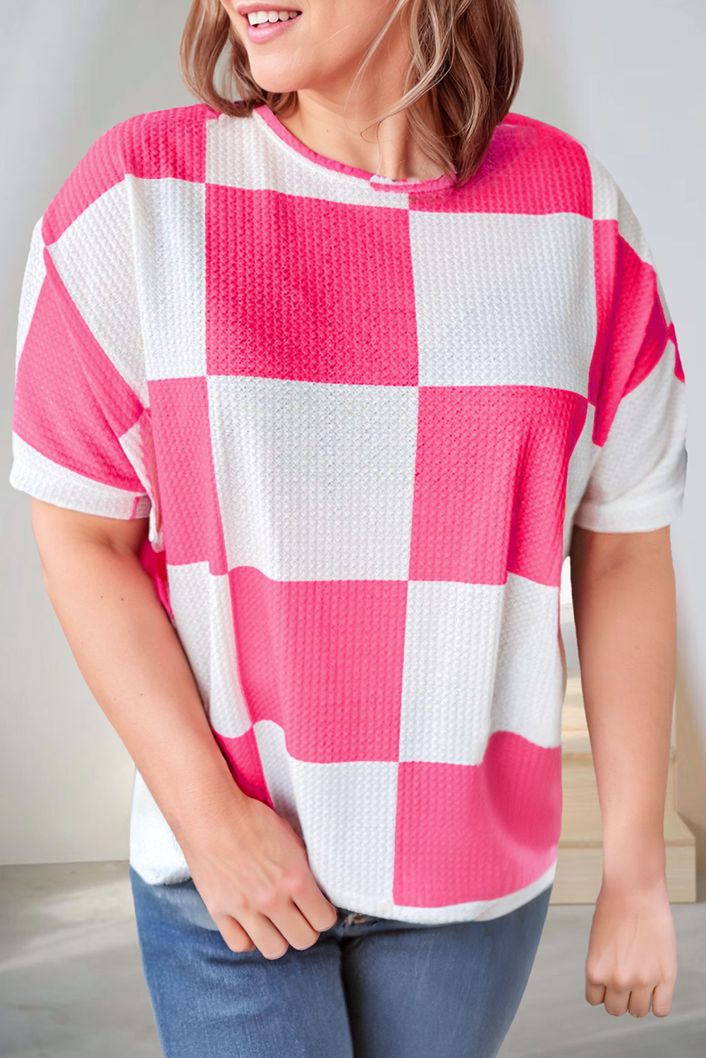 Plus Size Textured Checkerboard Round Neck T Shirt Hoodie, Sweatshirt | PodTeesHub.com