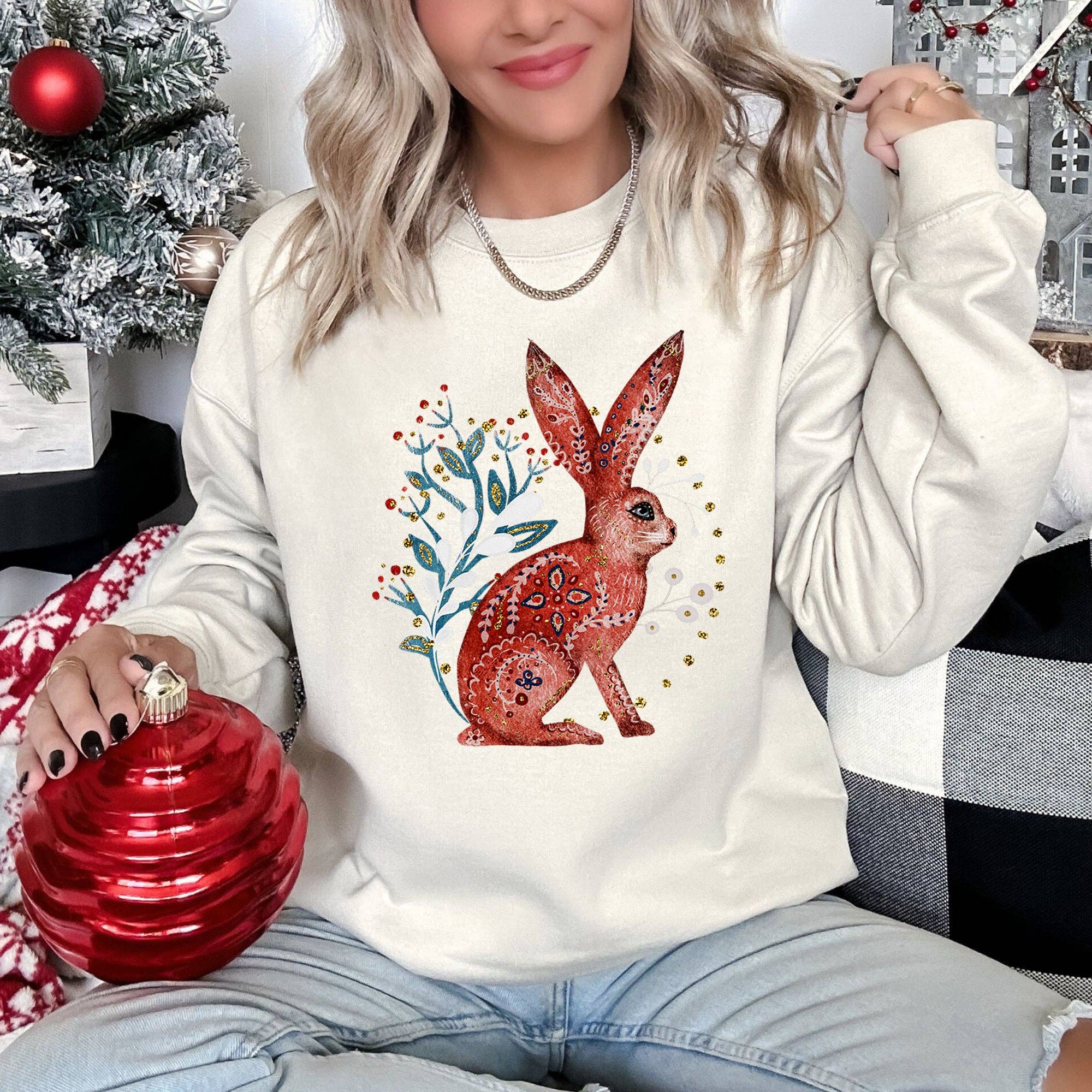 Rabbit, Folk Art, Scandinavian, Winter, Christmas Sweatshirt T-Shirts, Hoodie | PodTeesHub.com