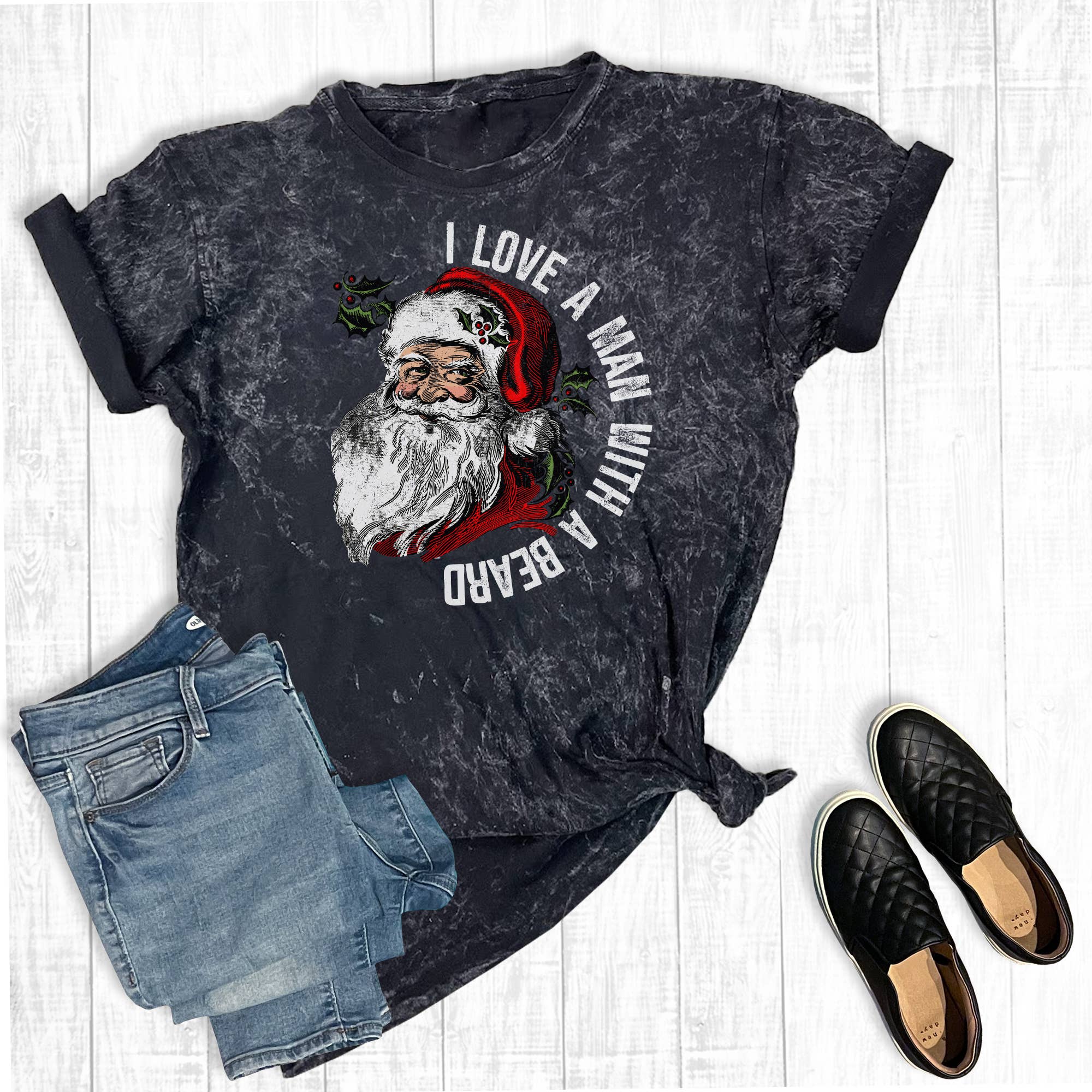 Santa I Love A Man with A Beard Christmas Mineral Wash Tee Hoodie, Sweatshirt | PodTeesHub.com