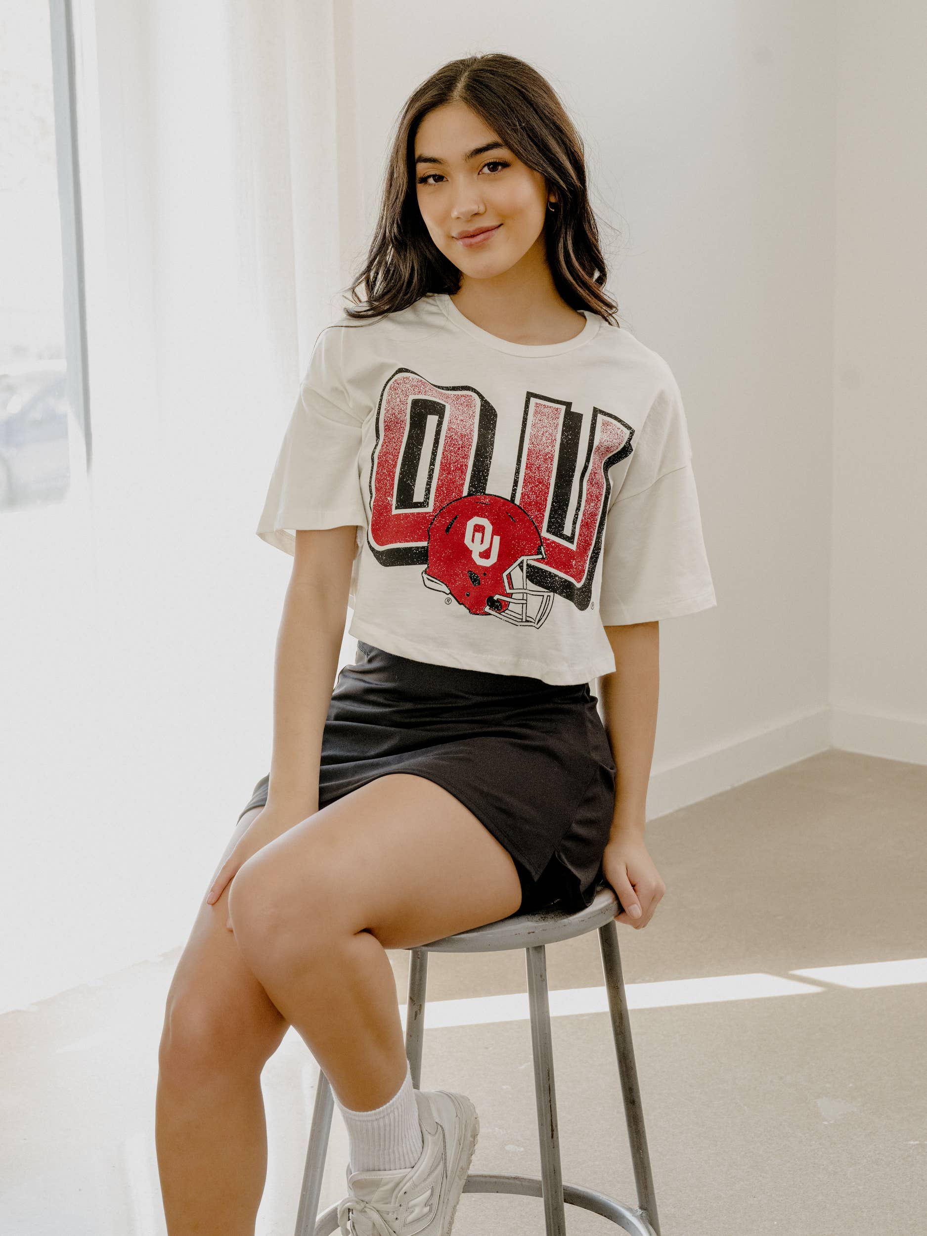 Ou Sooners Helmet Fade Off White Cropped Tee Hoodie, Sweatshirt | PodTeesHub.com