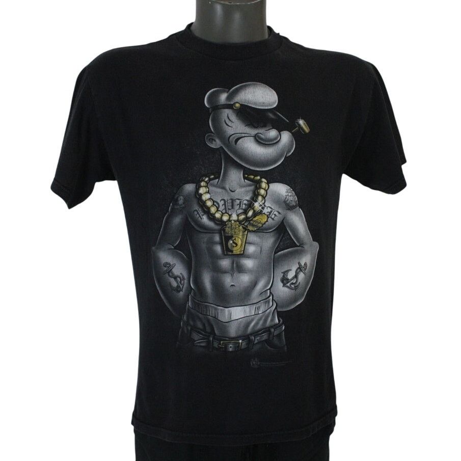 Vintage Y2k Gangster Popeye Faded Black Hip Hop T Shirt M Hoodie, Sweatshirt | PodTeesHub.com