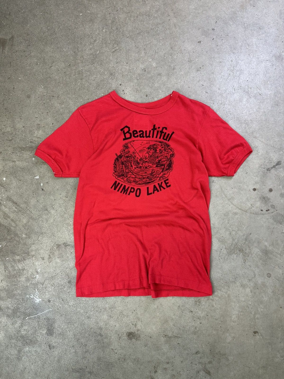 Vintage Nimpo Lake Ringer Tee 80s Canada Graphic Small Red Hoodie, Sweatshirt | PodTeesHub.com