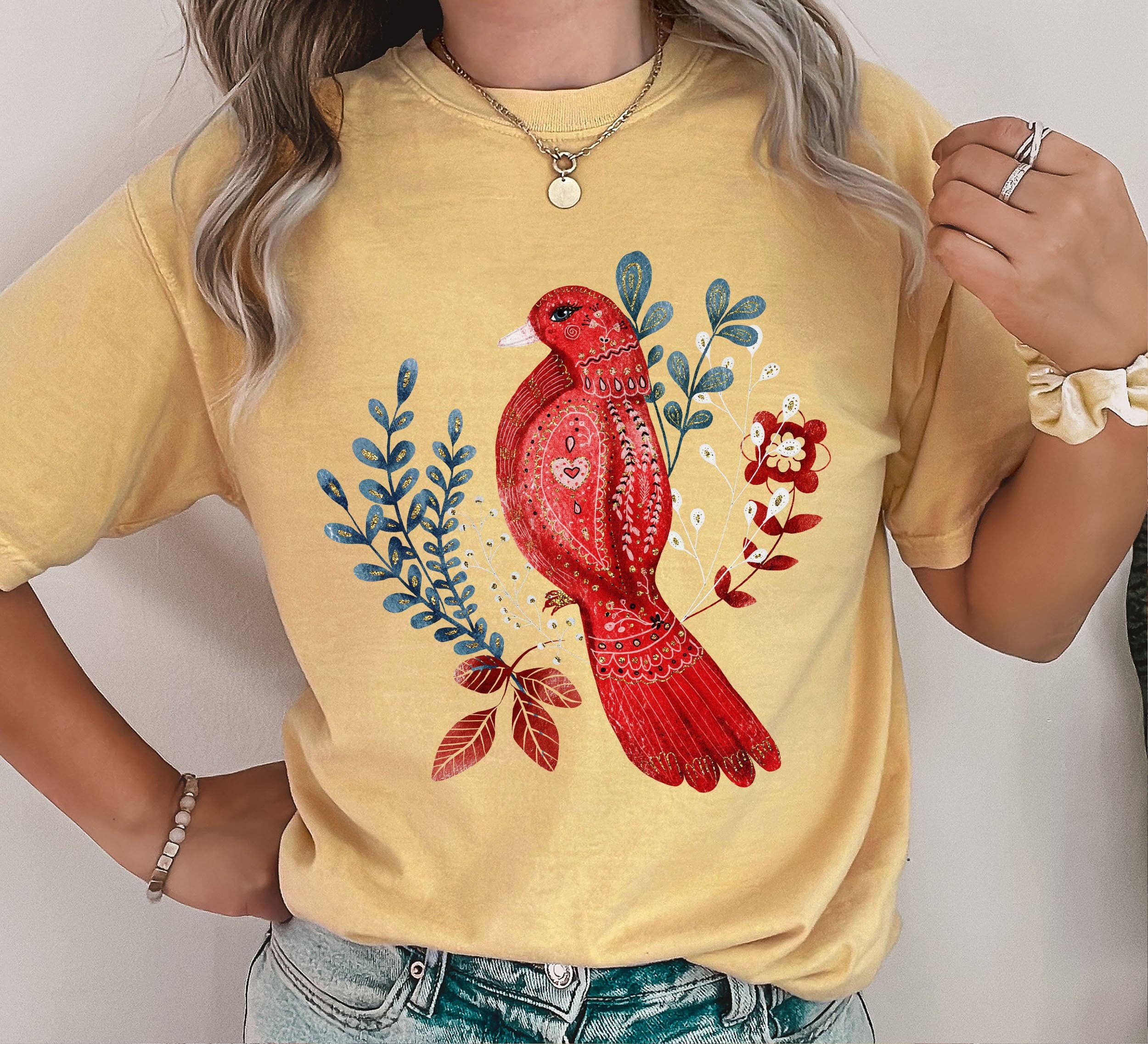 Scandinavian Folk Red Bird T-Shirt Hoodie, Sweatshirt | PodTeesHub.com