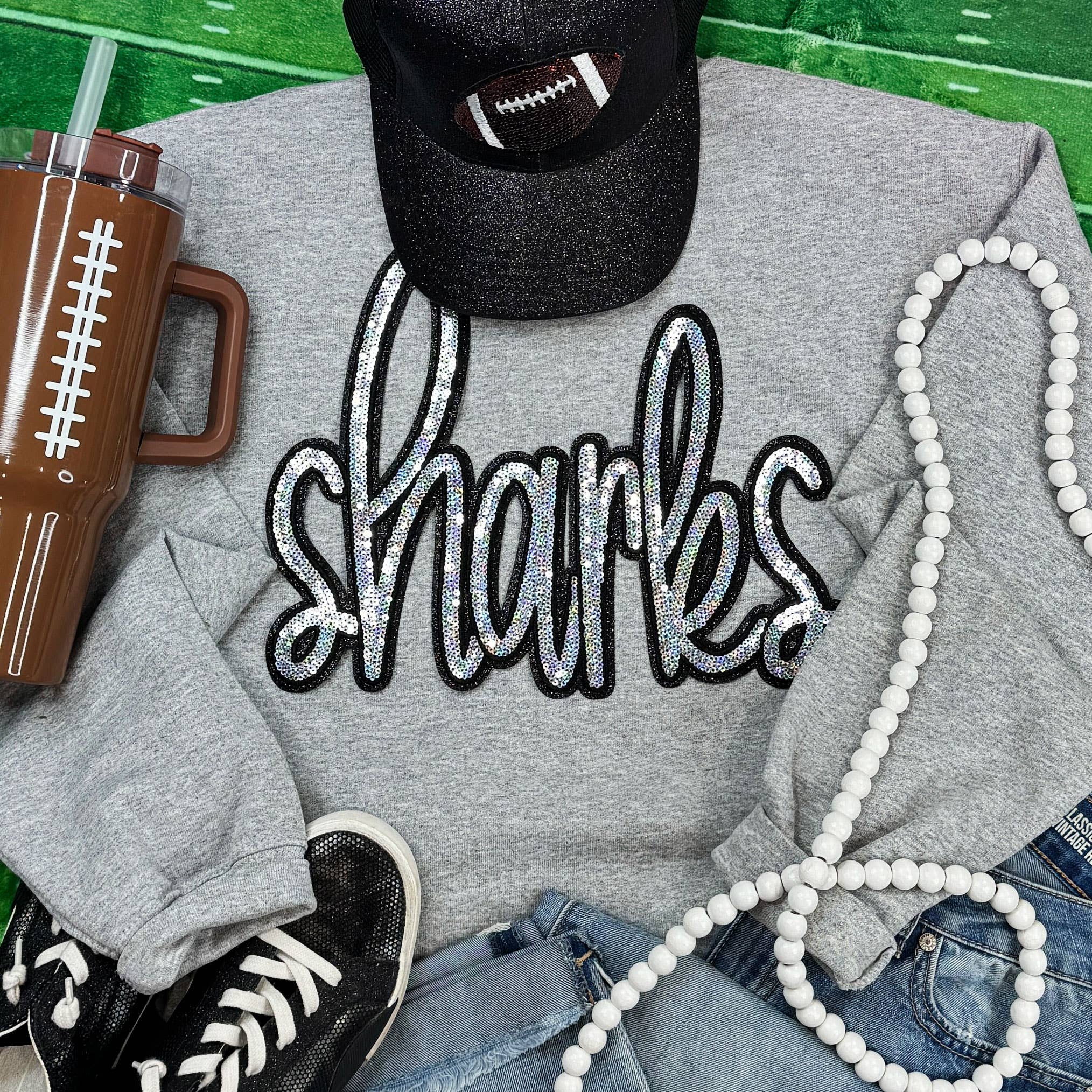 Sharks Sequin Patch Sport Grey Crewneck Sweatshirt T-Shirts, Hoodie | PodTeesHub.com