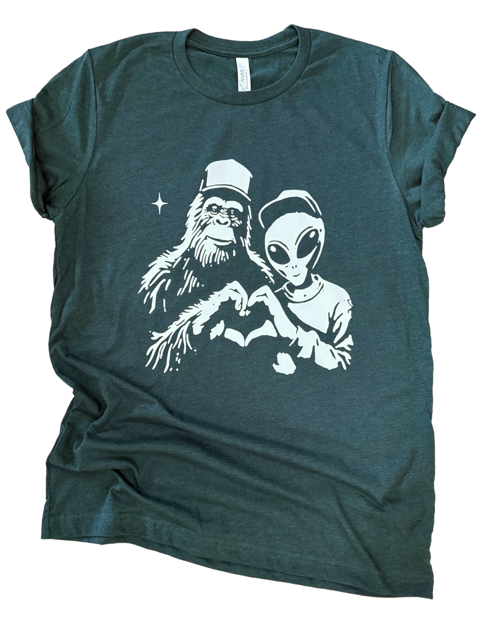 Bigfoot & Alien Heart Hands Tee Hoodie, Sweatshirt | PodTeesHub.com