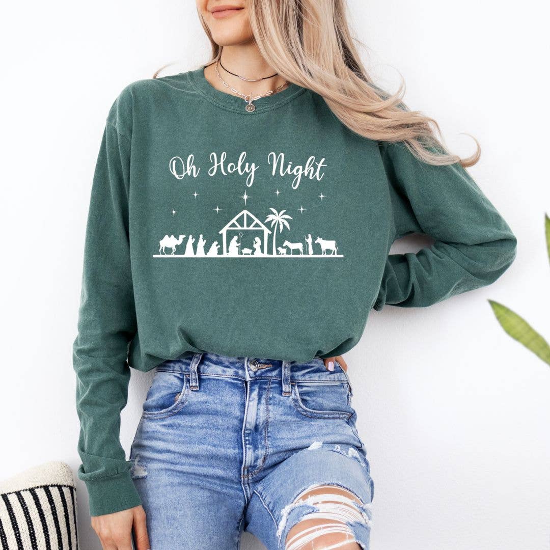 Oh Holy Night Christmas Long Sleeve Tee - Graphic Tee Hoodie, Sweatshirt | PodTeesHub.com