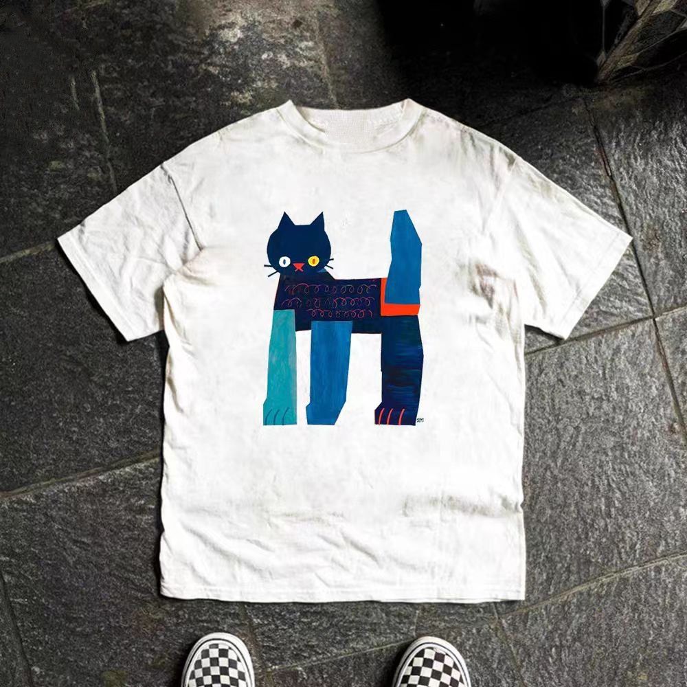 Vintage White Retro Fun Cat Print Cotton T Shirt Hoodie, Sweatshirt | PodTeesHub.com