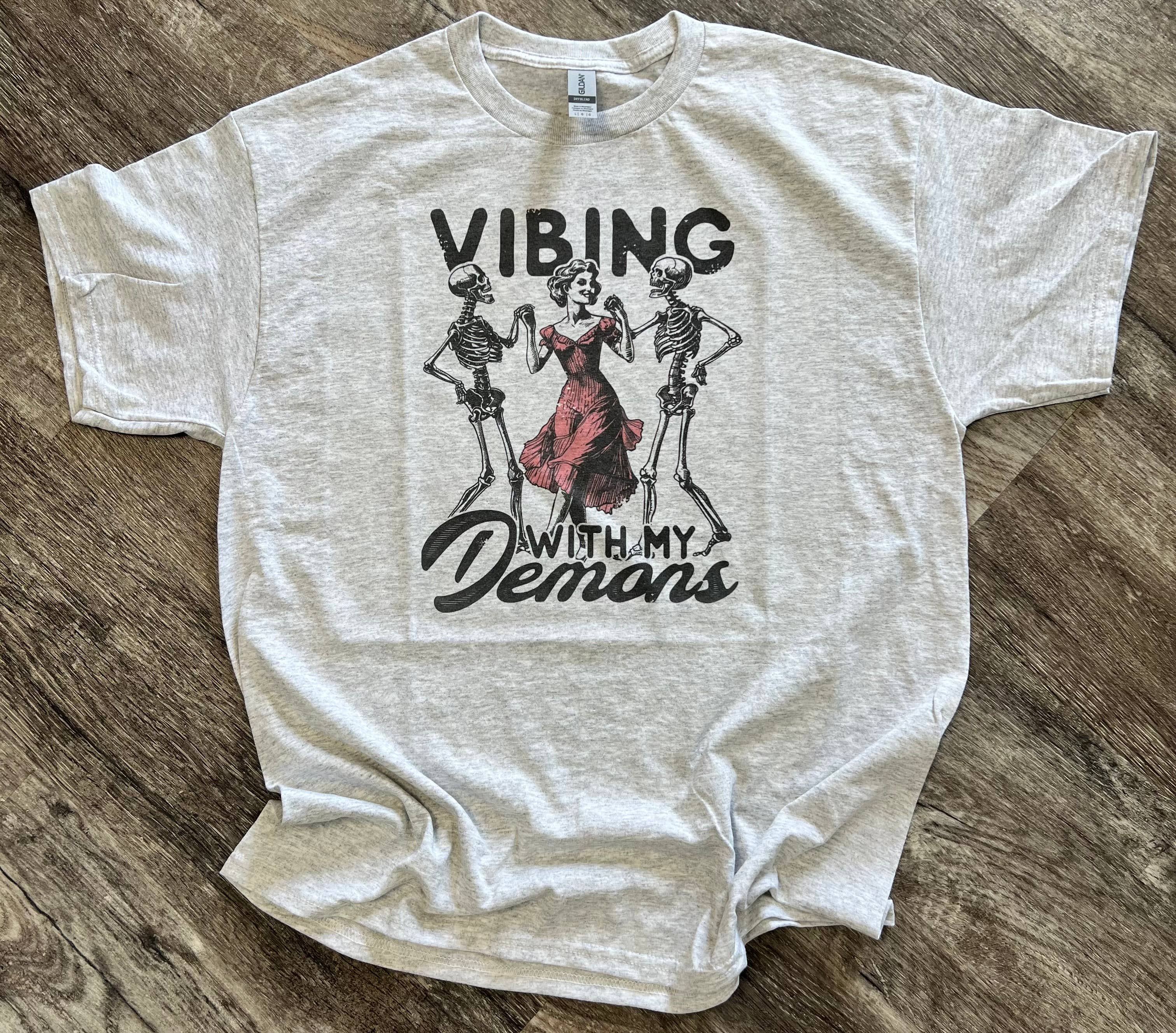 Vibing with My Demons On Ash Gray Tee Hoodie, Sweatshirt | PodTeesHub.com