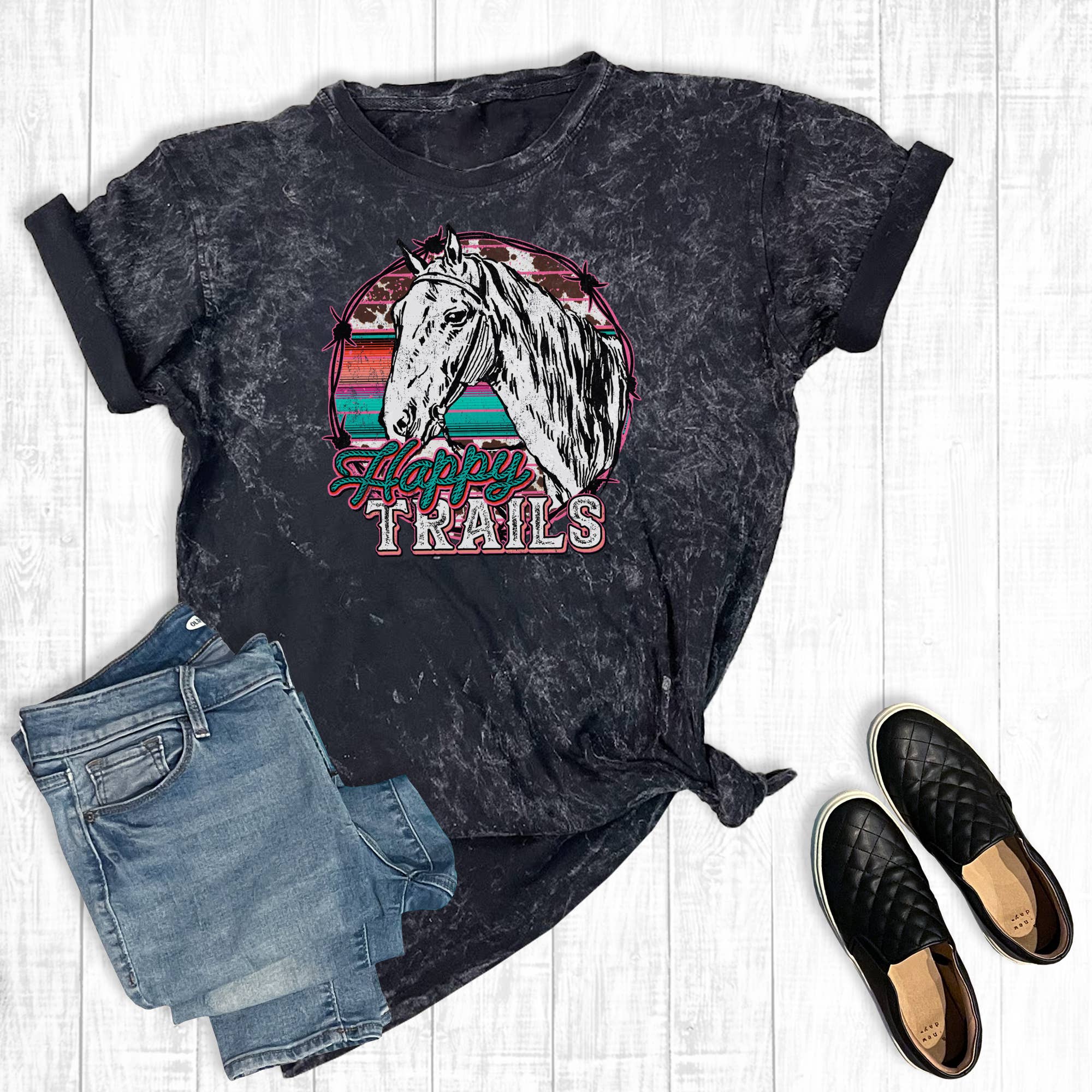 Western Happy Trails Horse Mineral Wash Graphic Tee Hoodie, Sweatshirt | PodTeesHub.com