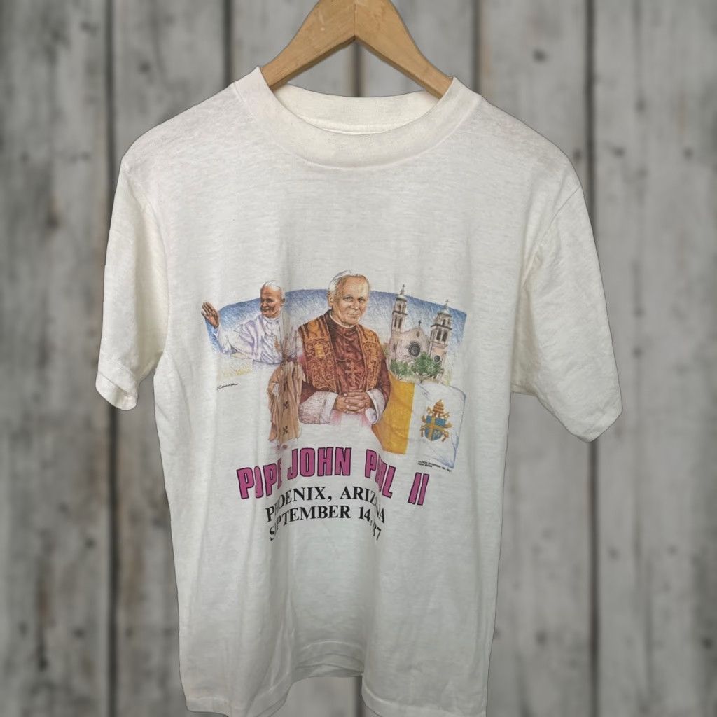 Elwood Vintage Pope John Paul Ii Usa Tour T Shirt Catholic Arizona Size Medium Shirt Mens White 80s Hoodie, Sweatshirt