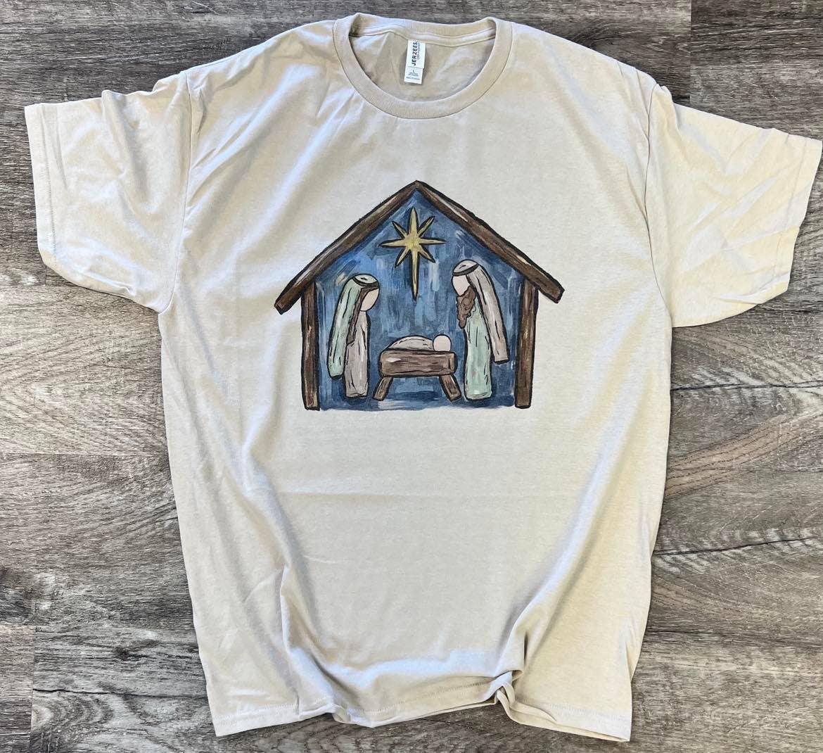 Watercolor Night Jesus Was Born Nativity On Silver Tee Hoodie, Sweatshirt | PodTeesHub.com