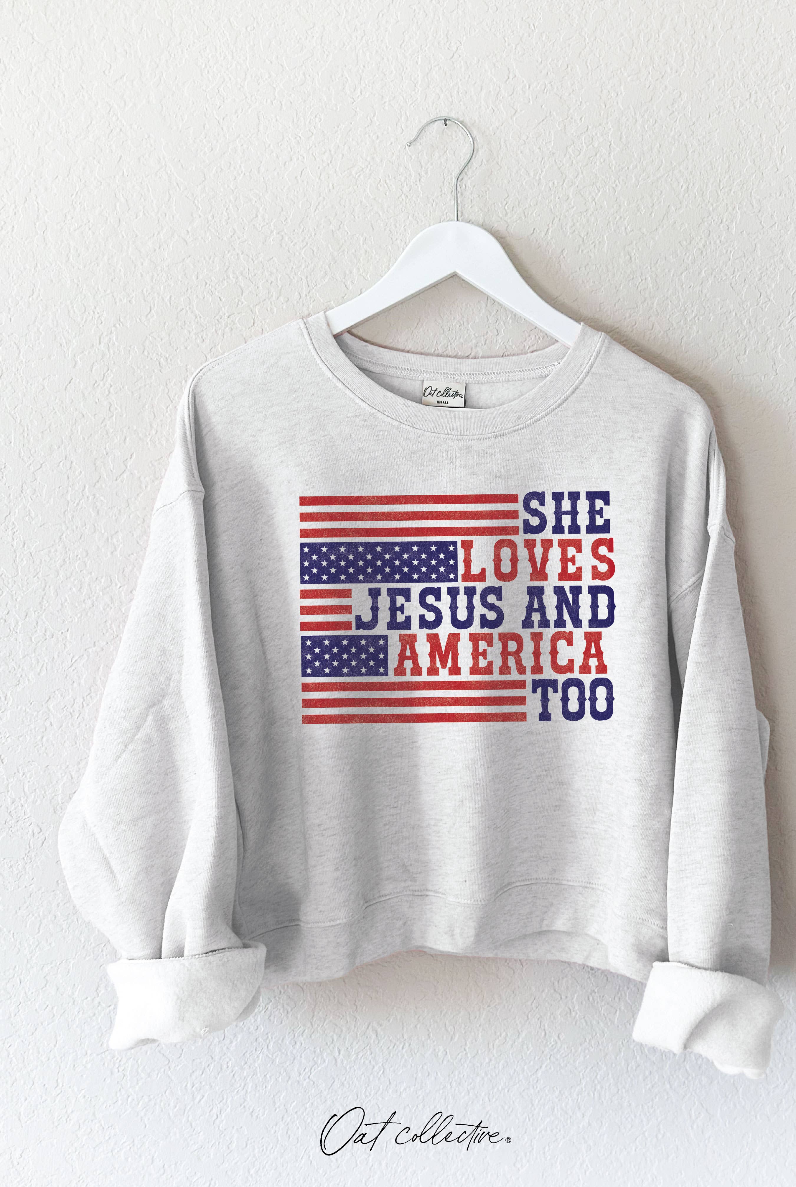 She Loves Jesus and America Too  Mid Graphic Sweatshirt T-Shirts, Hoodie | PodTeesHub.com