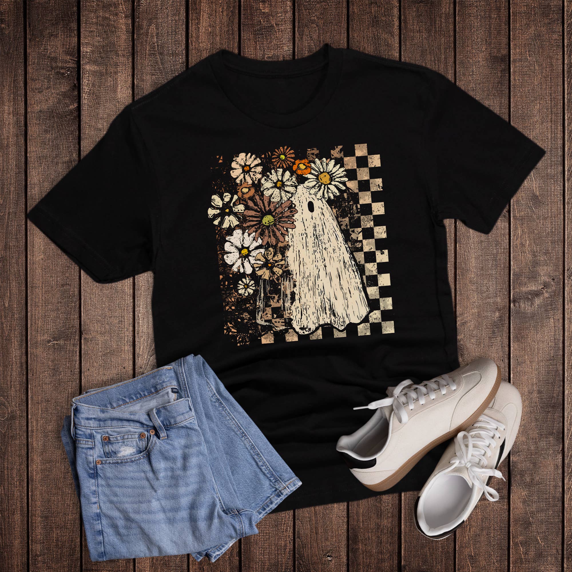 Halloween Boho Checkered Ghost Graphic Tee Hoodie, Sweatshirt | PodTeesHub.com