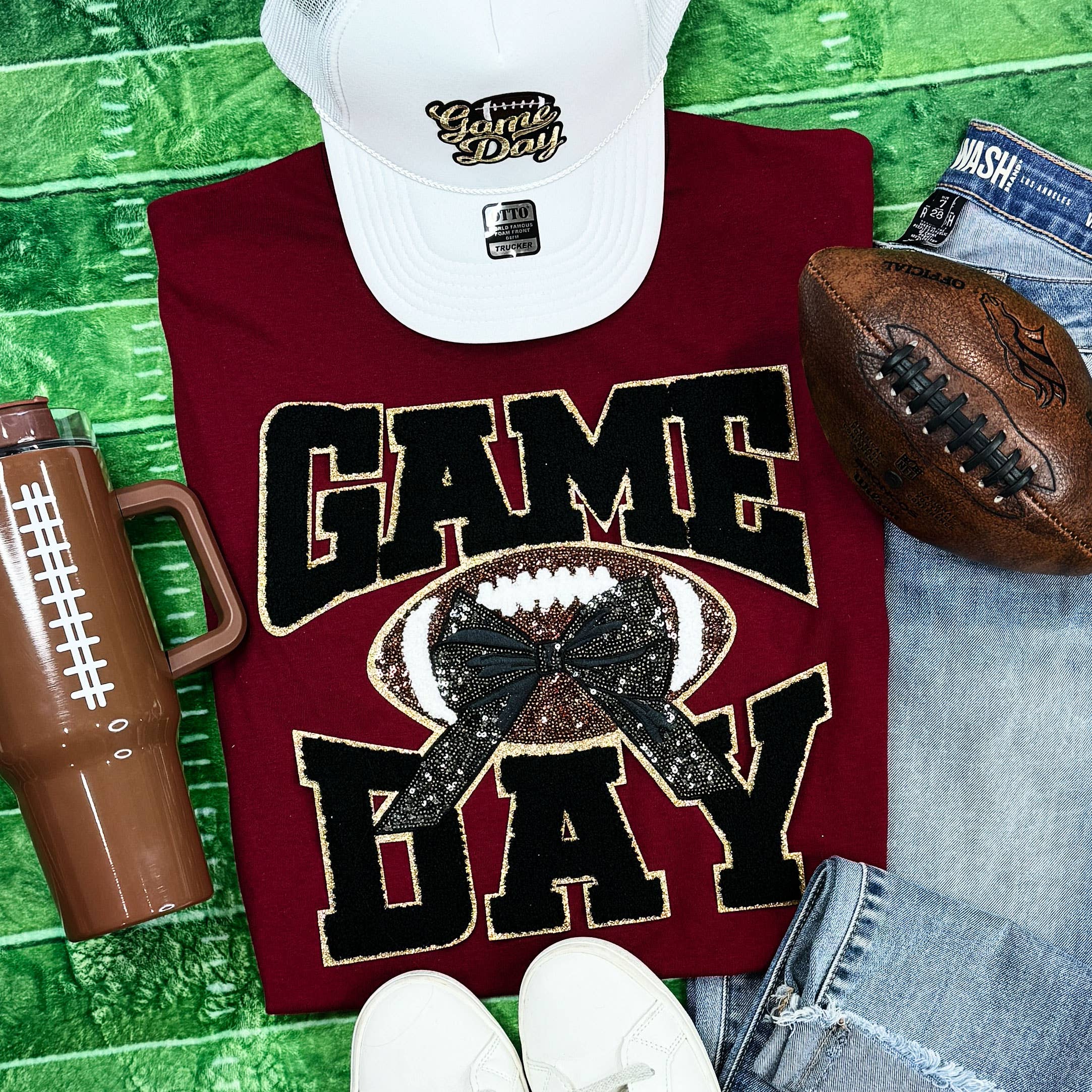 Black Chenille Football Game Day (Gold Backing) with Sequin Bow Garnet Everyday Tee Hoodie, Sweatshirt | PodTeesHub.com