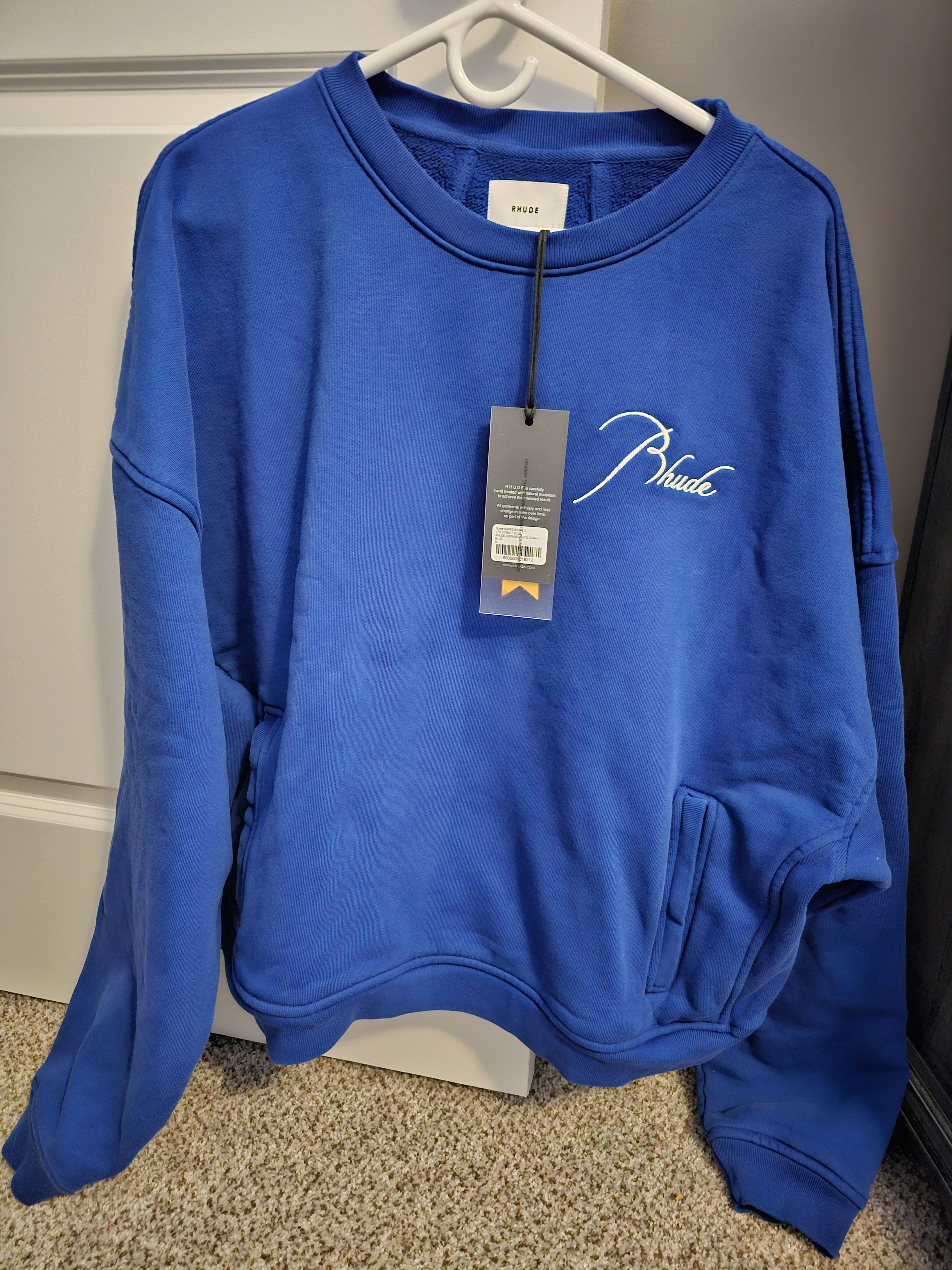 Rhude Mens Cursive Cobalt Blue Crewneck Sweatshirt T-Shirts, Hoodie | PodTeesHub.com