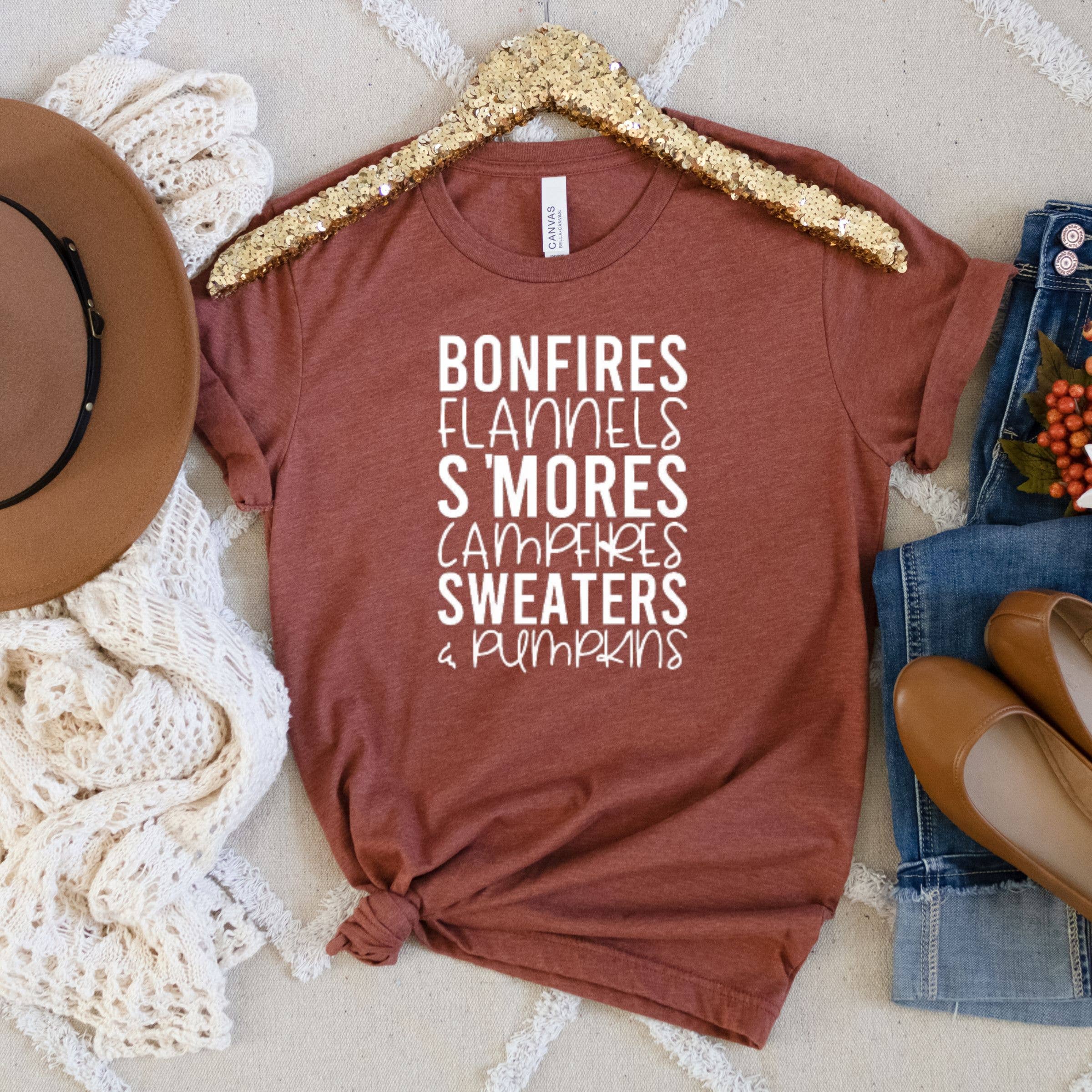 Bonfires & Flannel Tee - Fall Tee - Multiple Color Options Hoodie, Sweatshirt | PodTeesHub.com