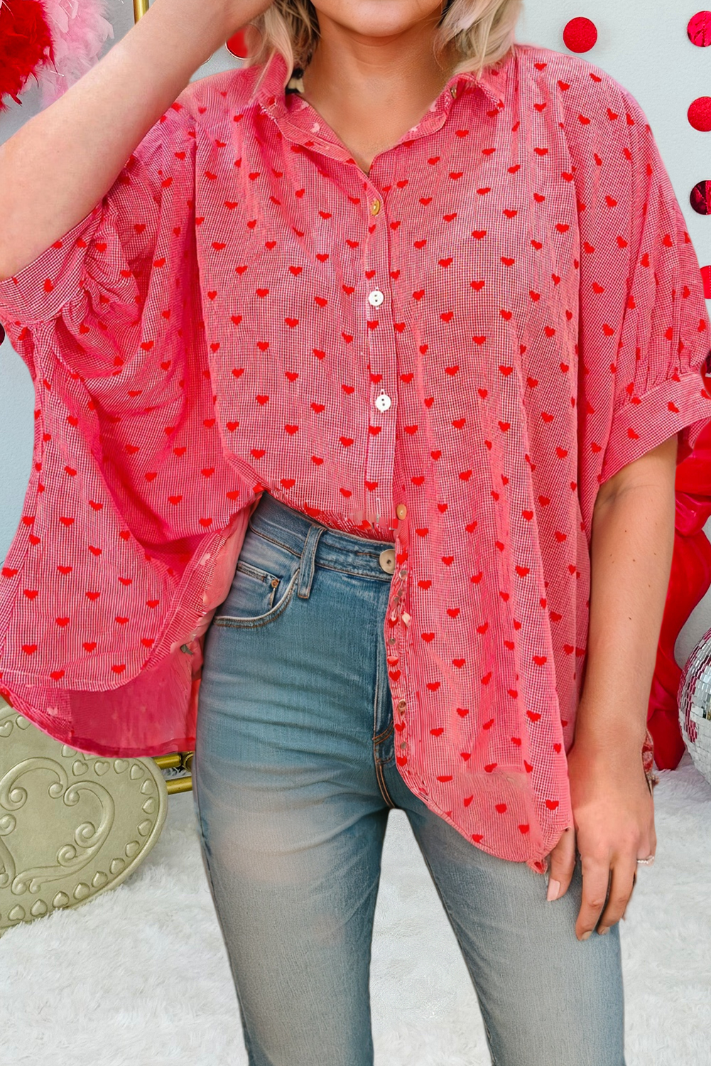 Heart Shape Print Half Sleeve Loose Valentine Shirt (S-Xl) Hoodie, Sweatshirt | PodTeesHub.com