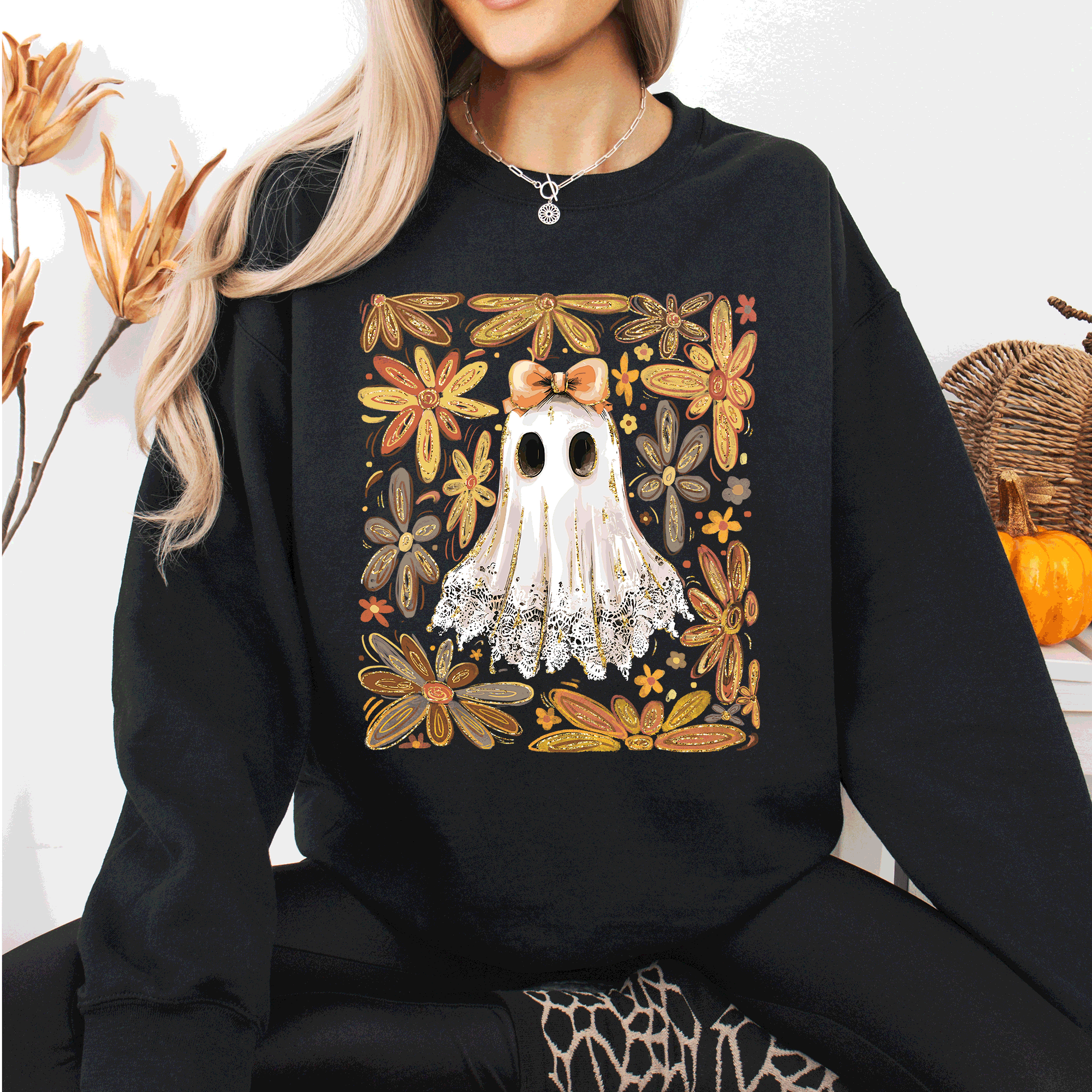Beautiful Halloween, Flowers, Coquette Ghost Sweatshirt T-Shirts, Hoodie | PodTeesHub.com