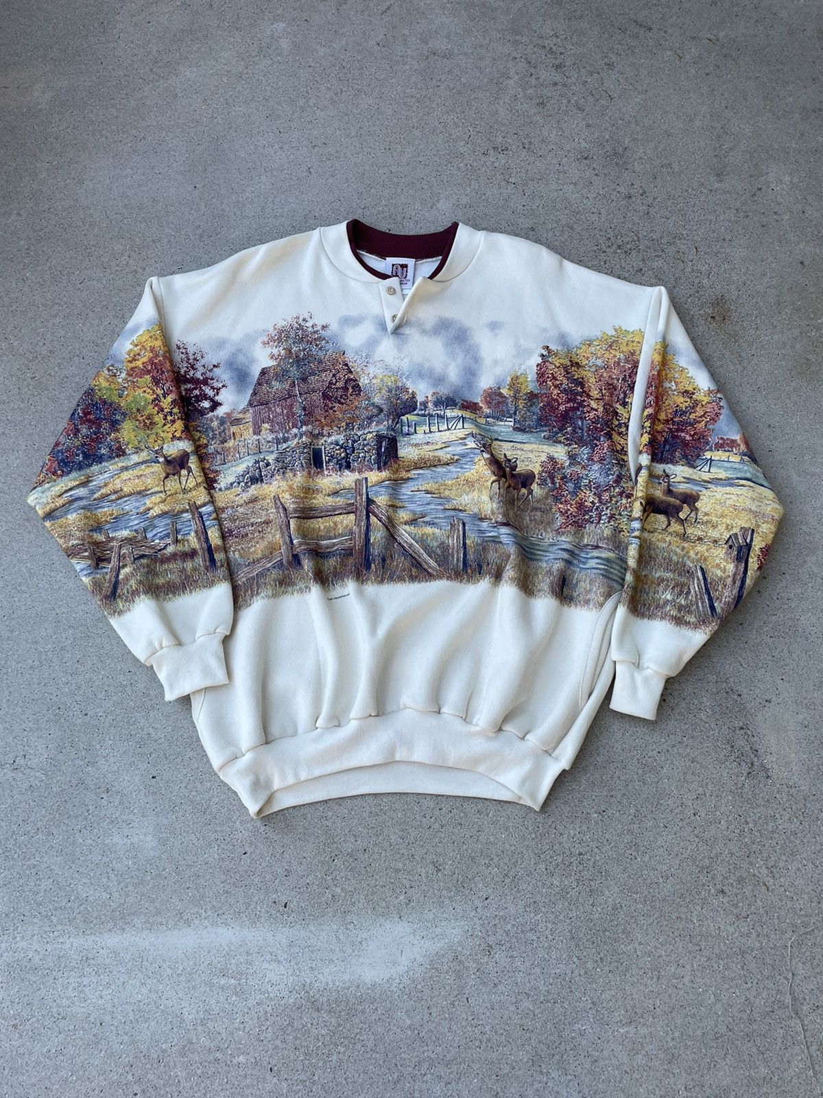 Vintage Vtg 90s Aop Nature Autumn Art Wrap Around Graphic Sweatshirt T-Shirts, Hoodie | PodTeesHub.com