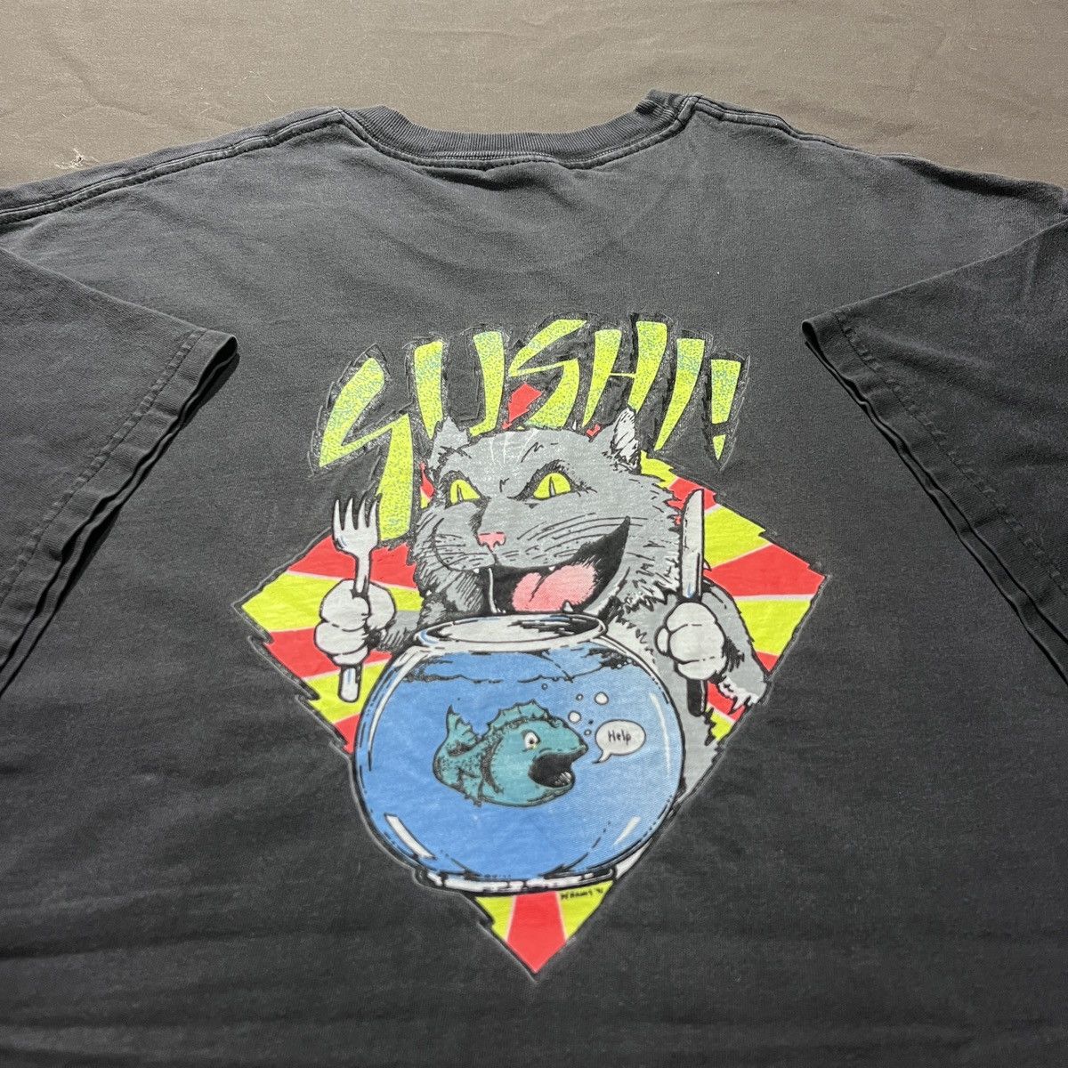 Vintage Vtg 90s Sushi Cat Humor Funny Faded Streetwear T-Shirts, Hoodie, Sweatshirt